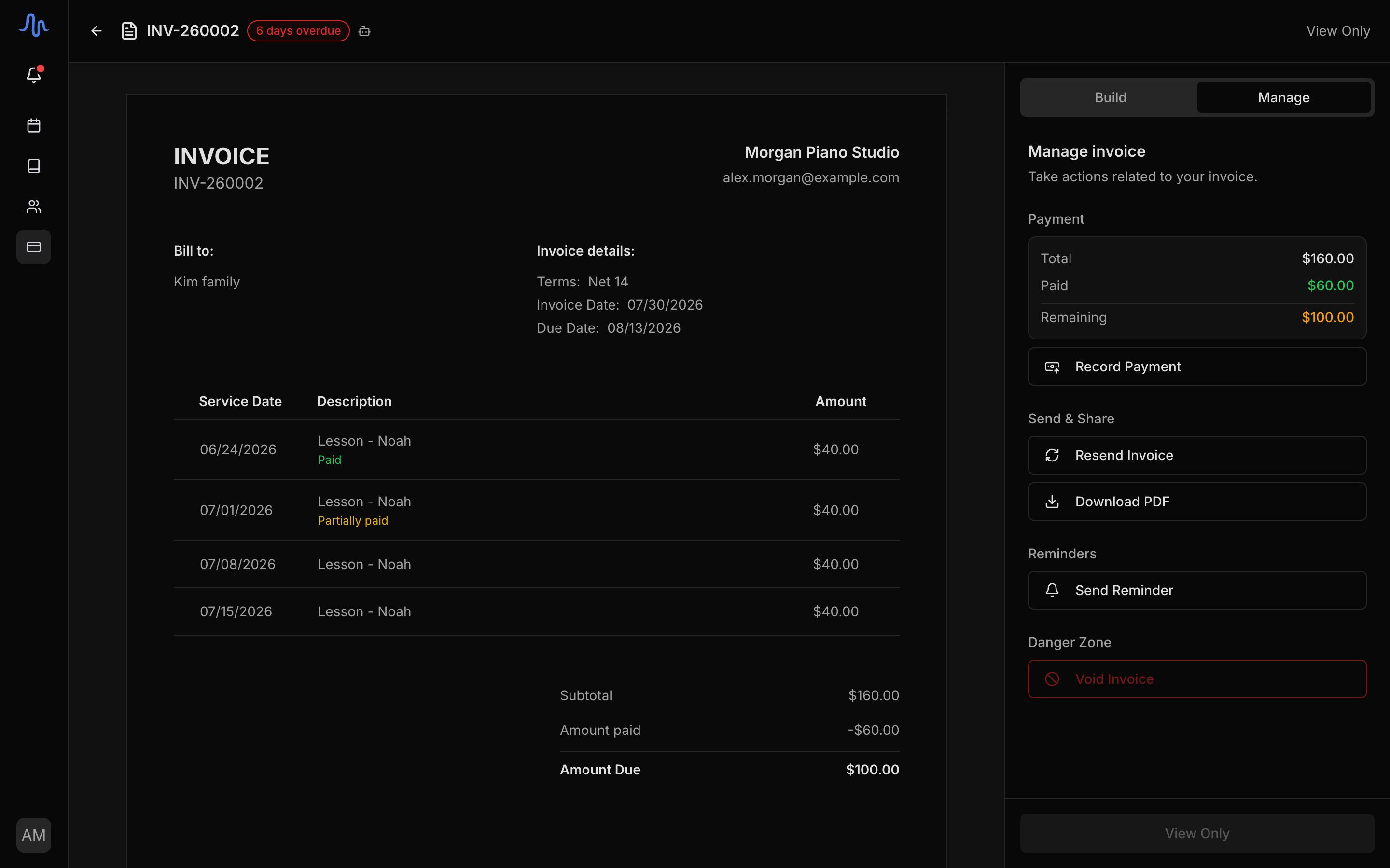 A sent invoice with per-student subtotals and inline line statuses (Paid / Partially paid)