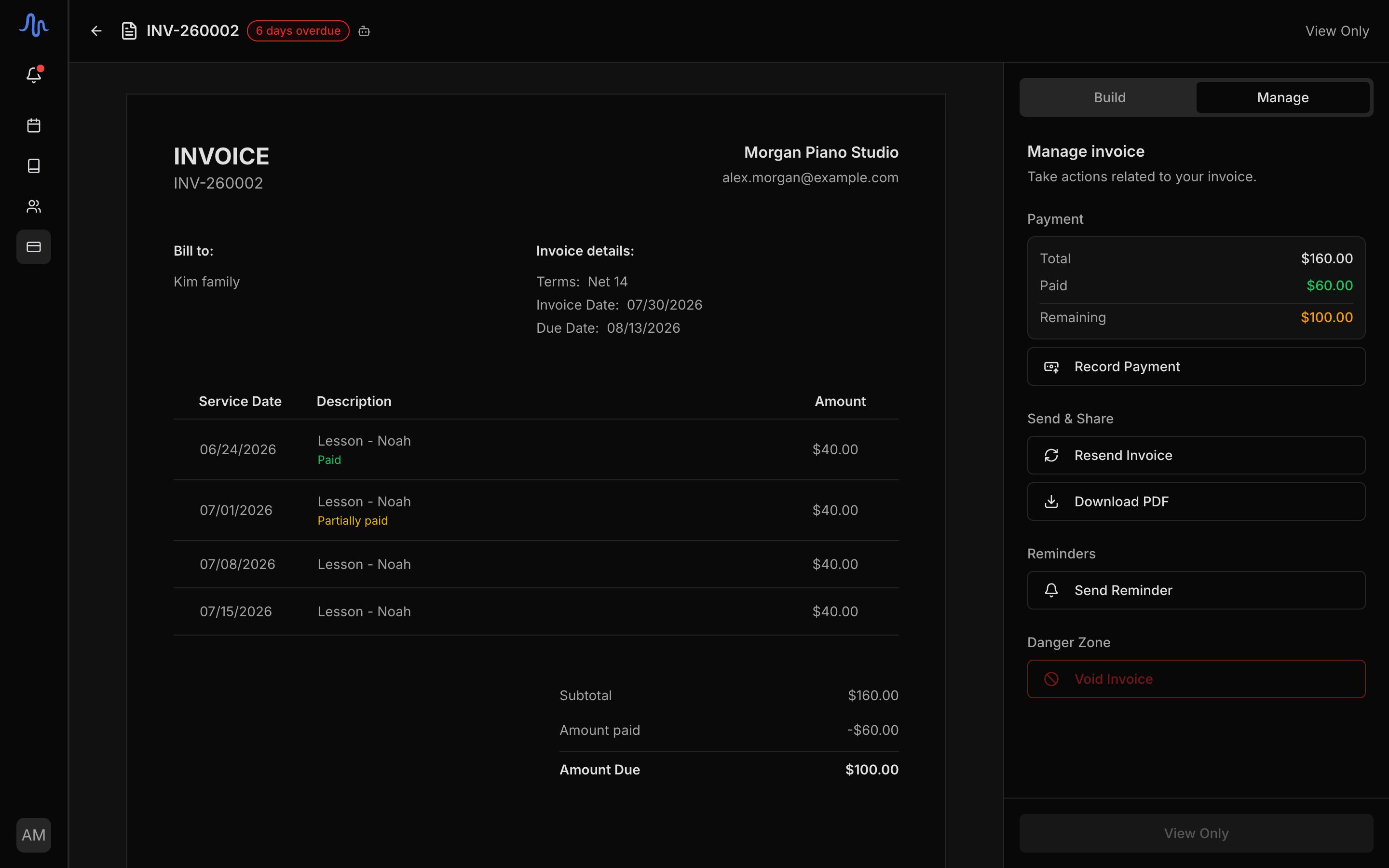 A sent invoice with per-student subtotals and inline line statuses (Paid / Partially paid)