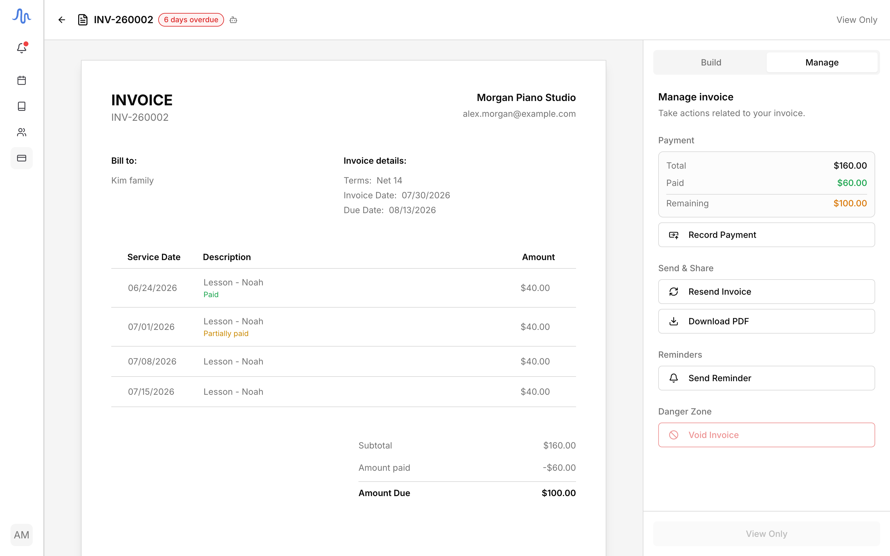 A sent invoice with per-student subtotals and inline line statuses (Paid / Partially paid)