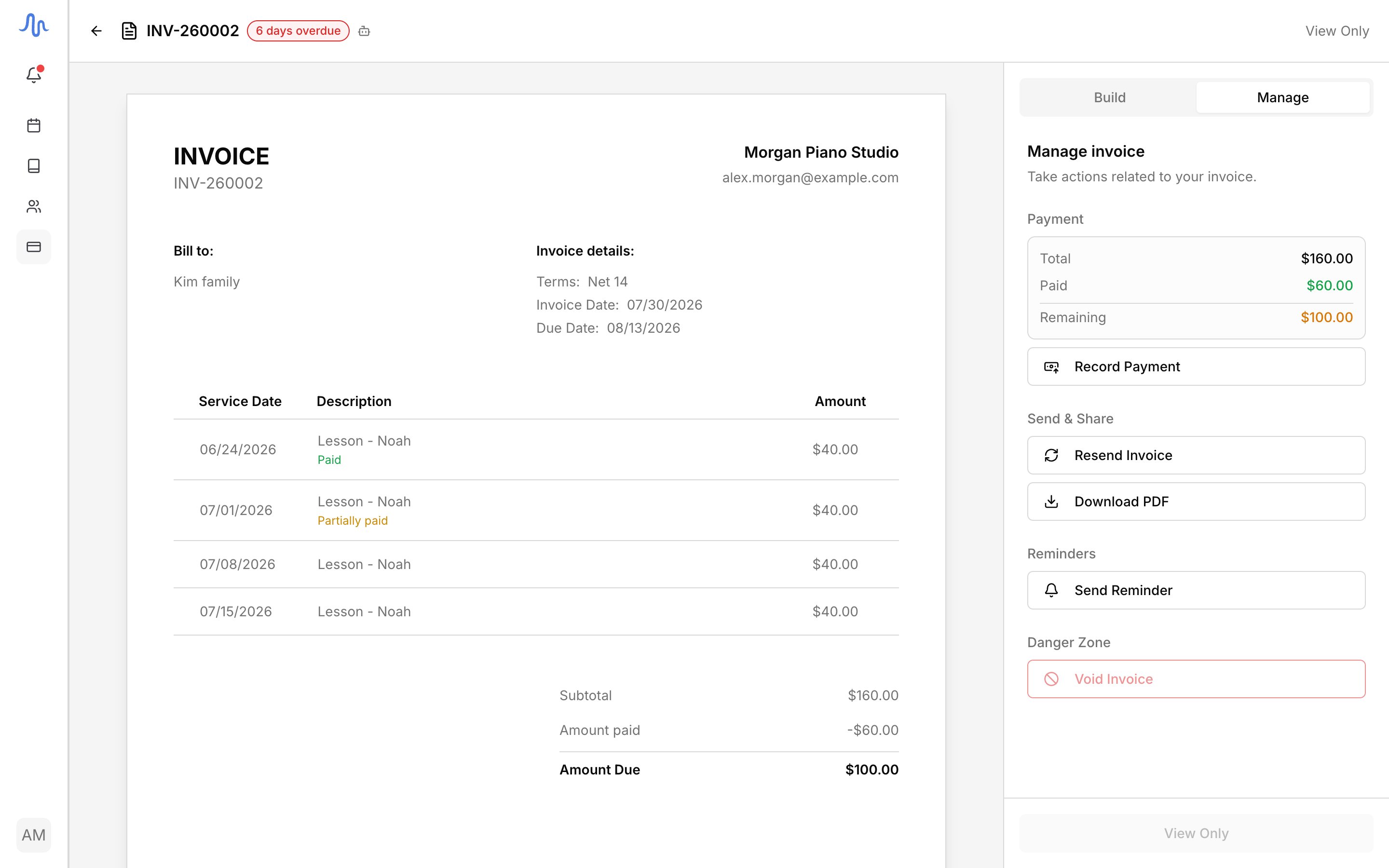 A sent invoice with per-student subtotals and inline line statuses (Paid / Partially paid)