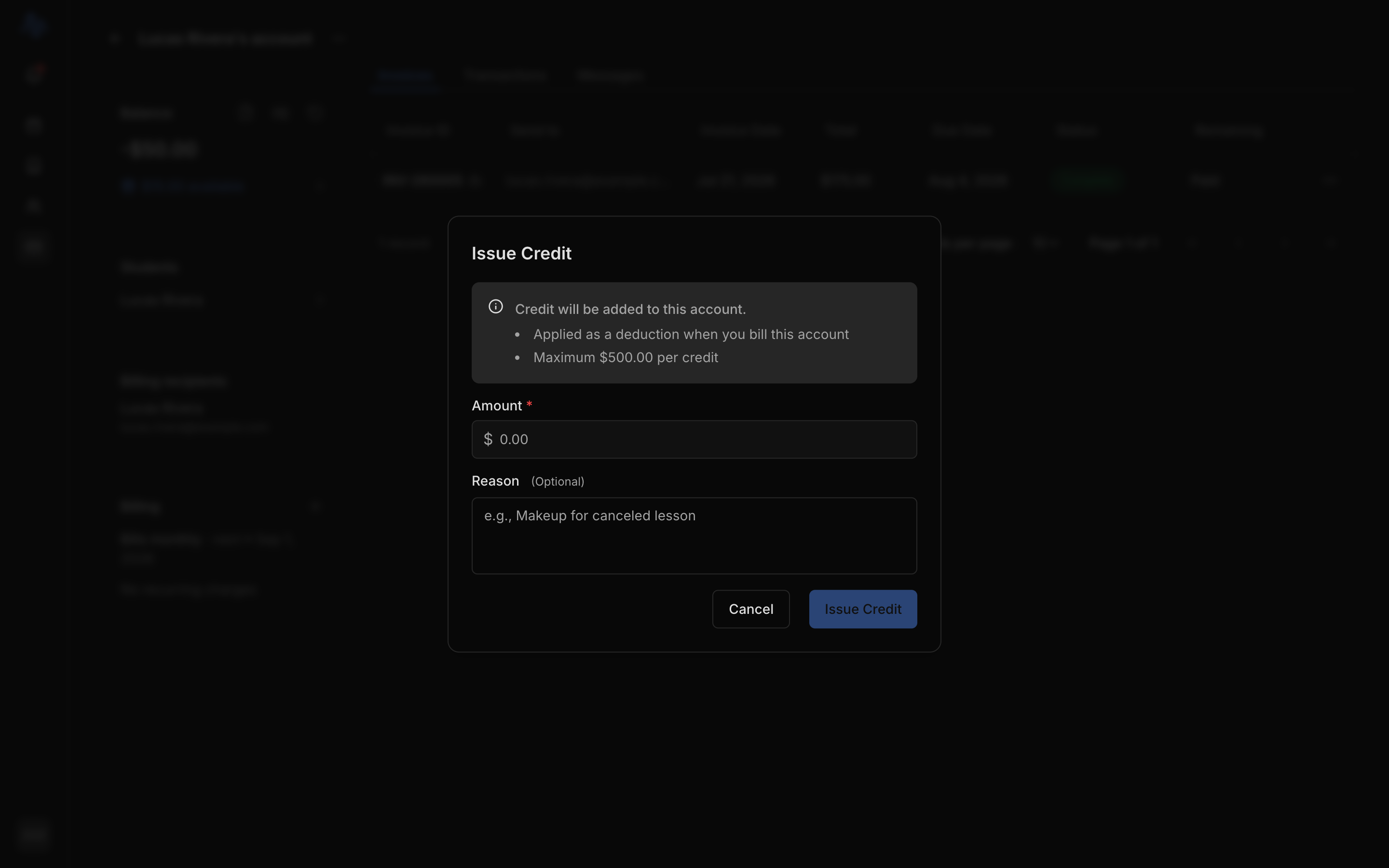 The Issue credit modal with the Amount field, the optional Reason field, and the helper text 'Applied as a deduction when you bill this account'