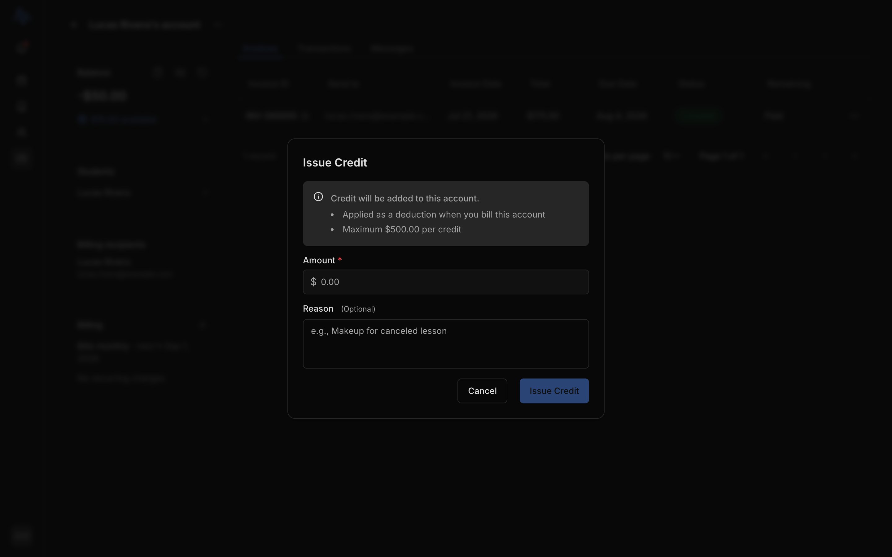 The Issue credit modal with the Amount field, the optional Reason field, and the helper text 'Applied as a deduction when you bill this account'