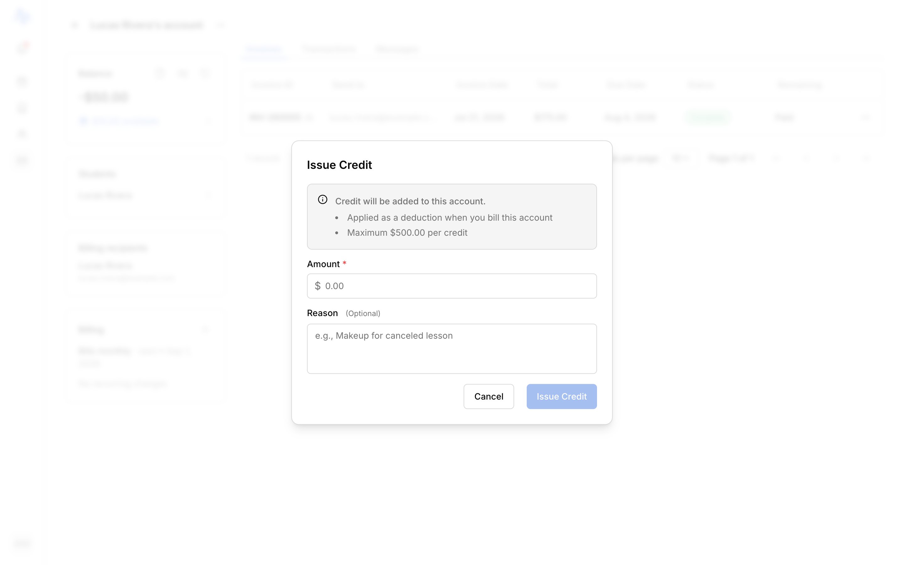 The Issue credit modal with the Amount field, the optional Reason field, and the helper text 'Applied as a deduction when you bill this account'
