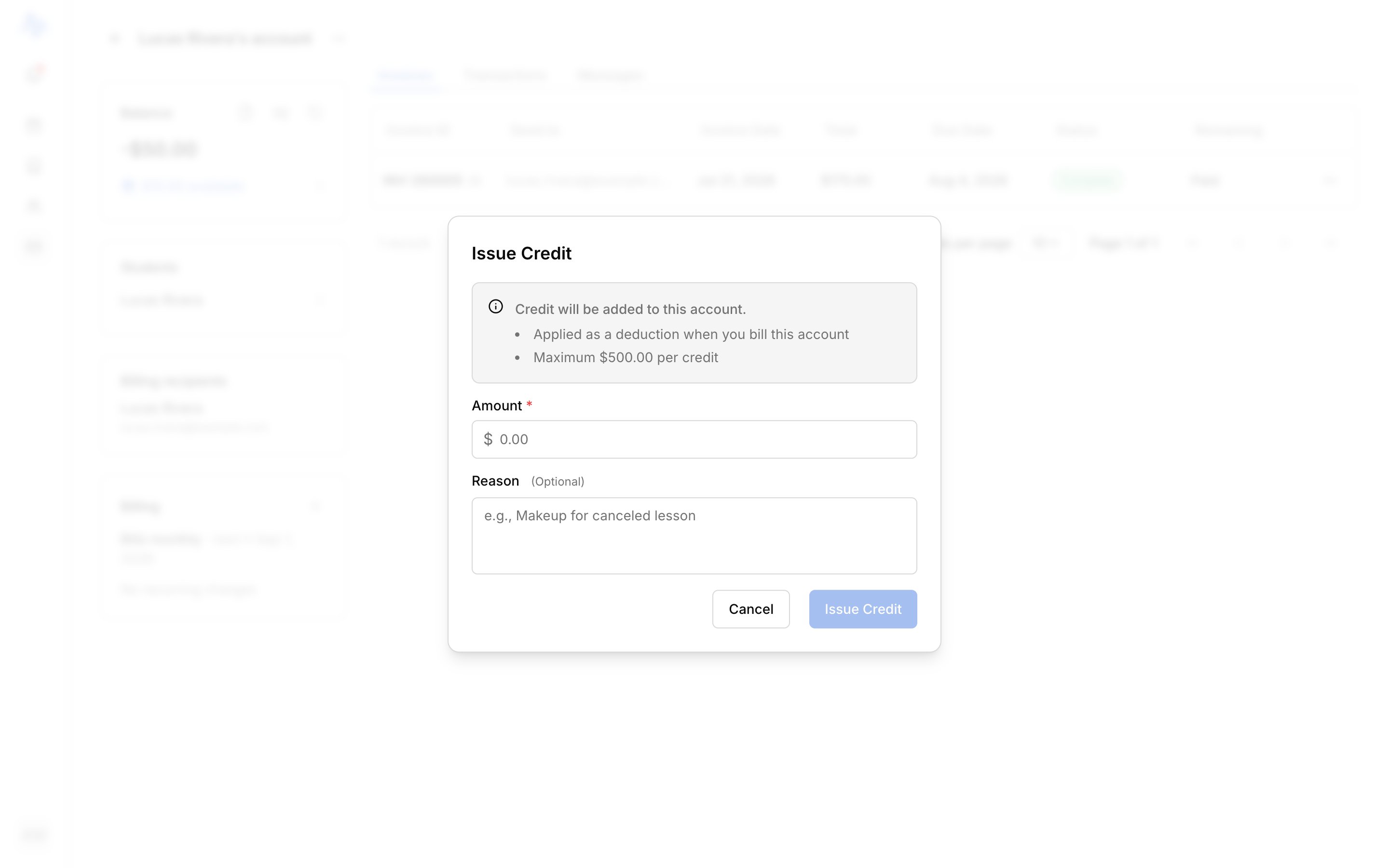 The Issue credit modal with the Amount field, the optional Reason field, and the helper text 'Applied as a deduction when you bill this account'