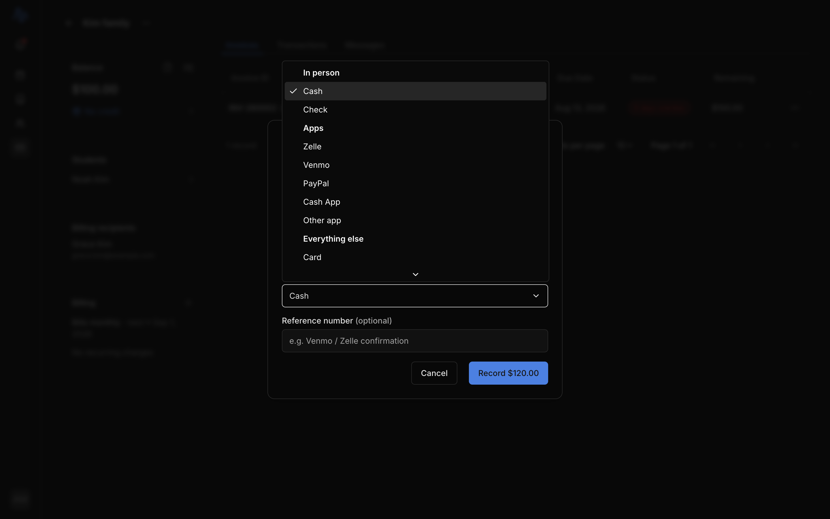 The Record payment modal with the amount pre-filled, the payment-method selector open, and the 'held as credit' overpayment hint visible