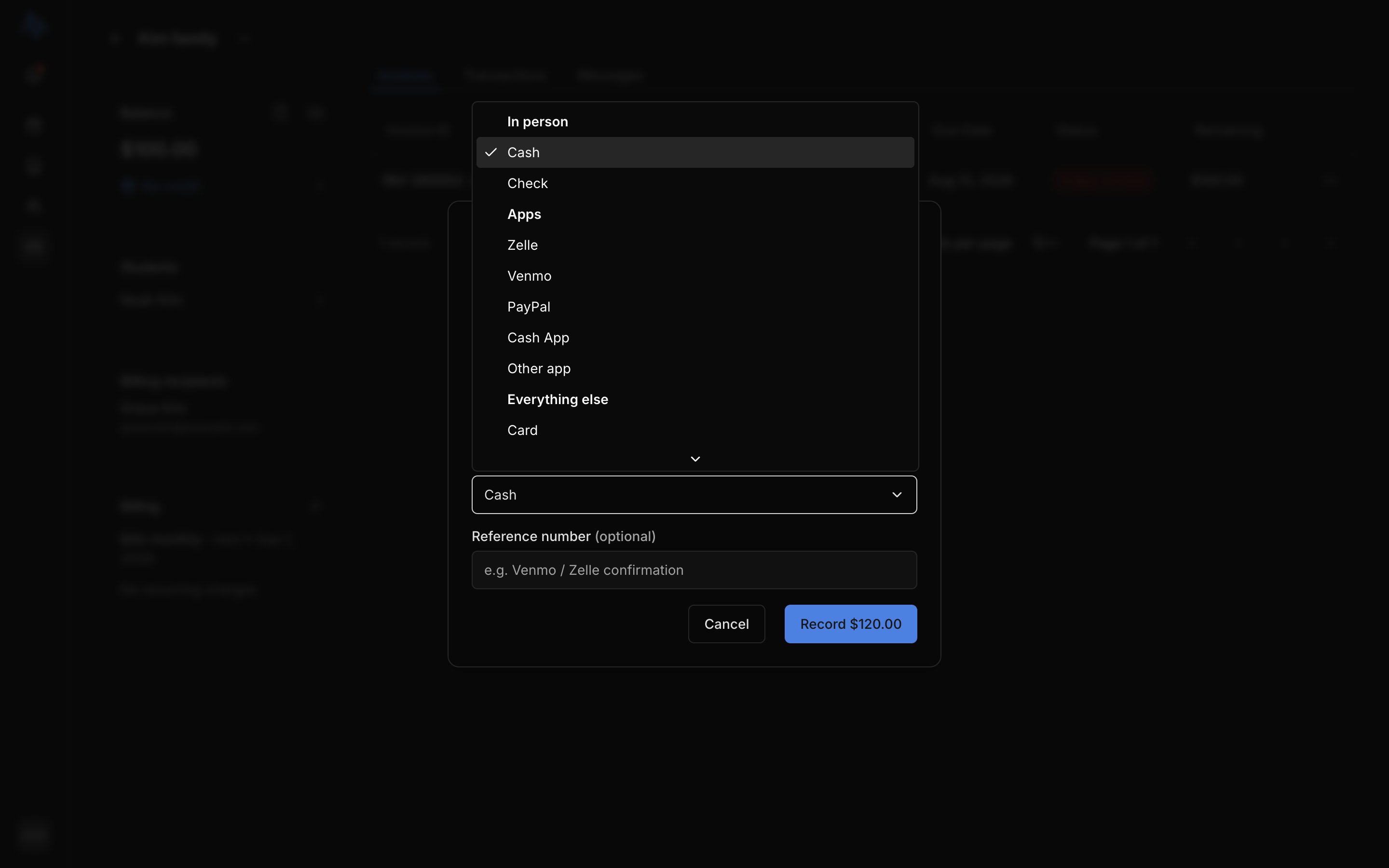 The Record payment modal with the amount pre-filled, the payment-method selector open, and the 'held as credit' overpayment hint visible