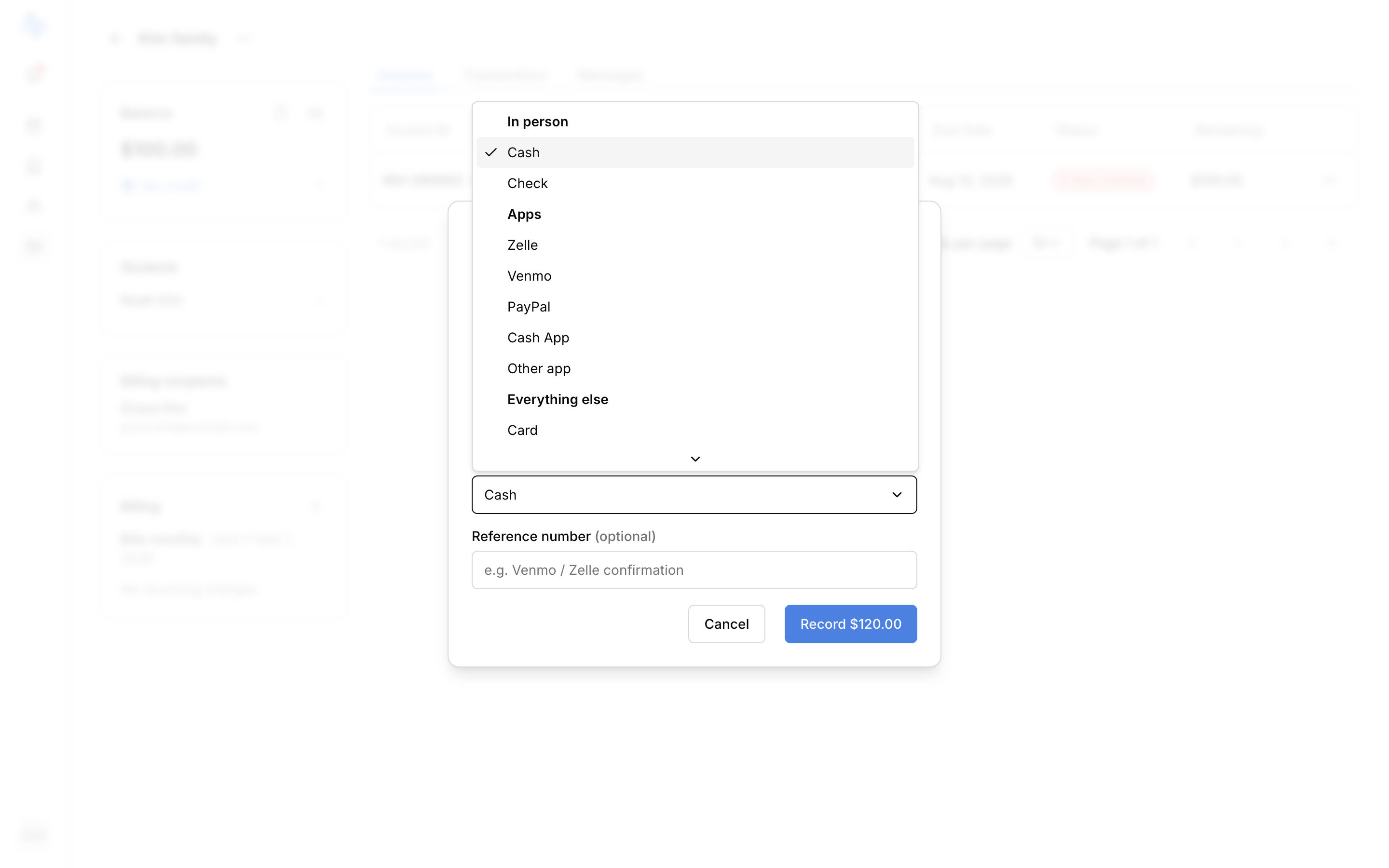 The Record payment modal with the amount pre-filled, the payment-method selector open, and the 'held as credit' overpayment hint visible