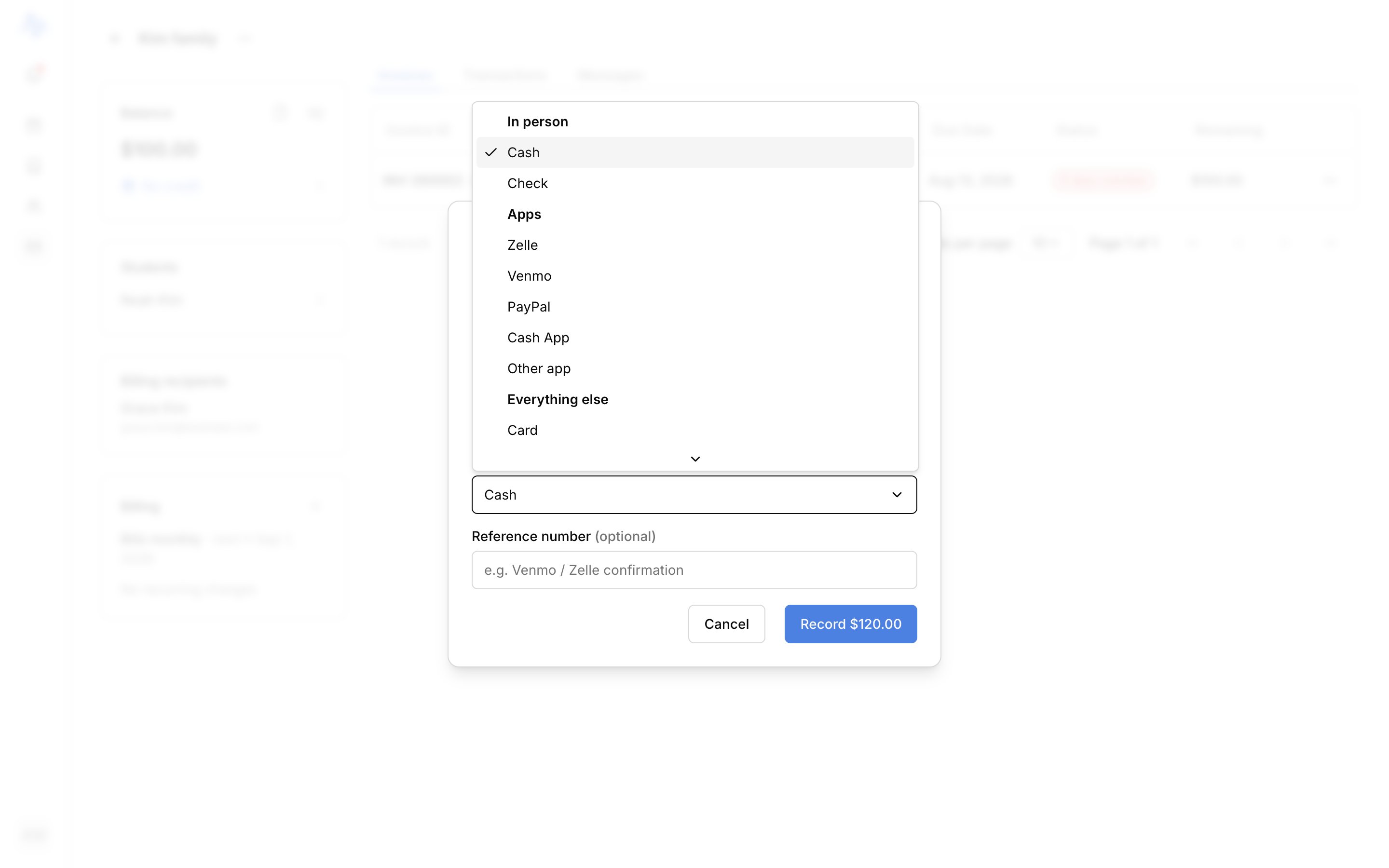 The Record payment modal with the amount pre-filled, the payment-method selector open, and the 'held as credit' overpayment hint visible