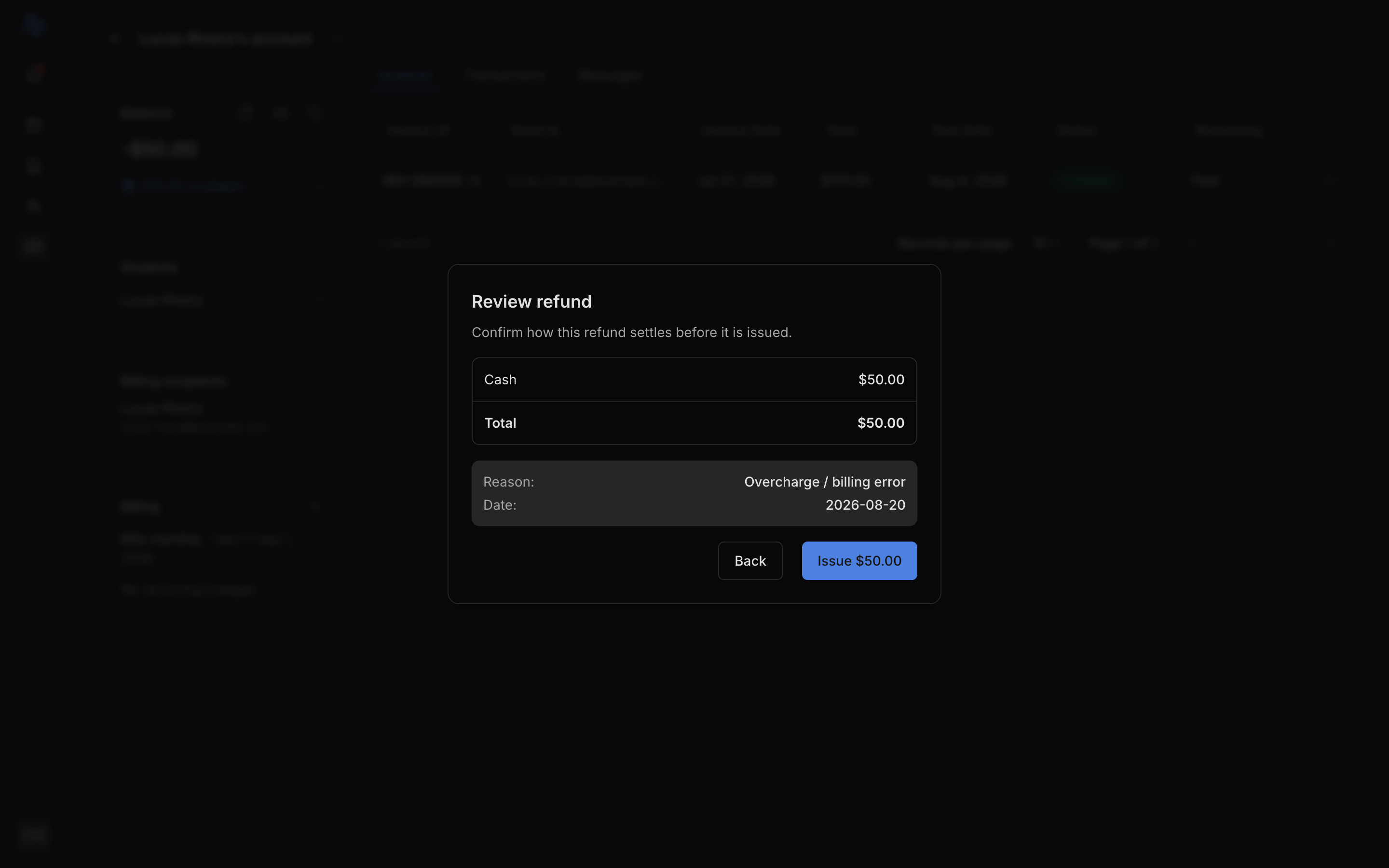 The refund review step with the settlement breakdown, one combined cash line and a card line carrying the Pending badge, plus the reason/date summary and the 'Issue $X' confirm button