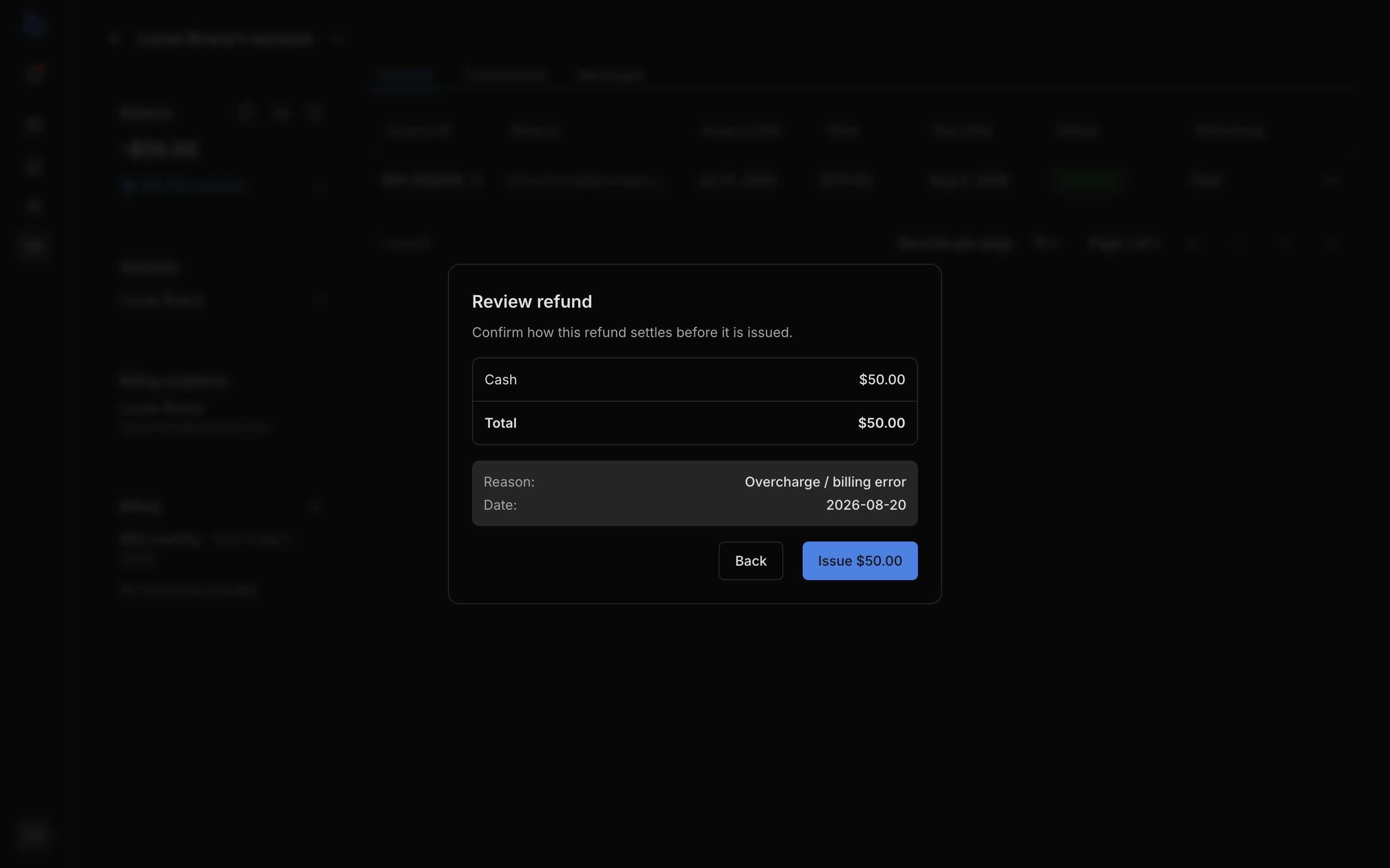 The refund review step with the settlement breakdown, one combined cash line and a card line carrying the Pending badge, plus the reason/date summary and the 'Issue $X' confirm button