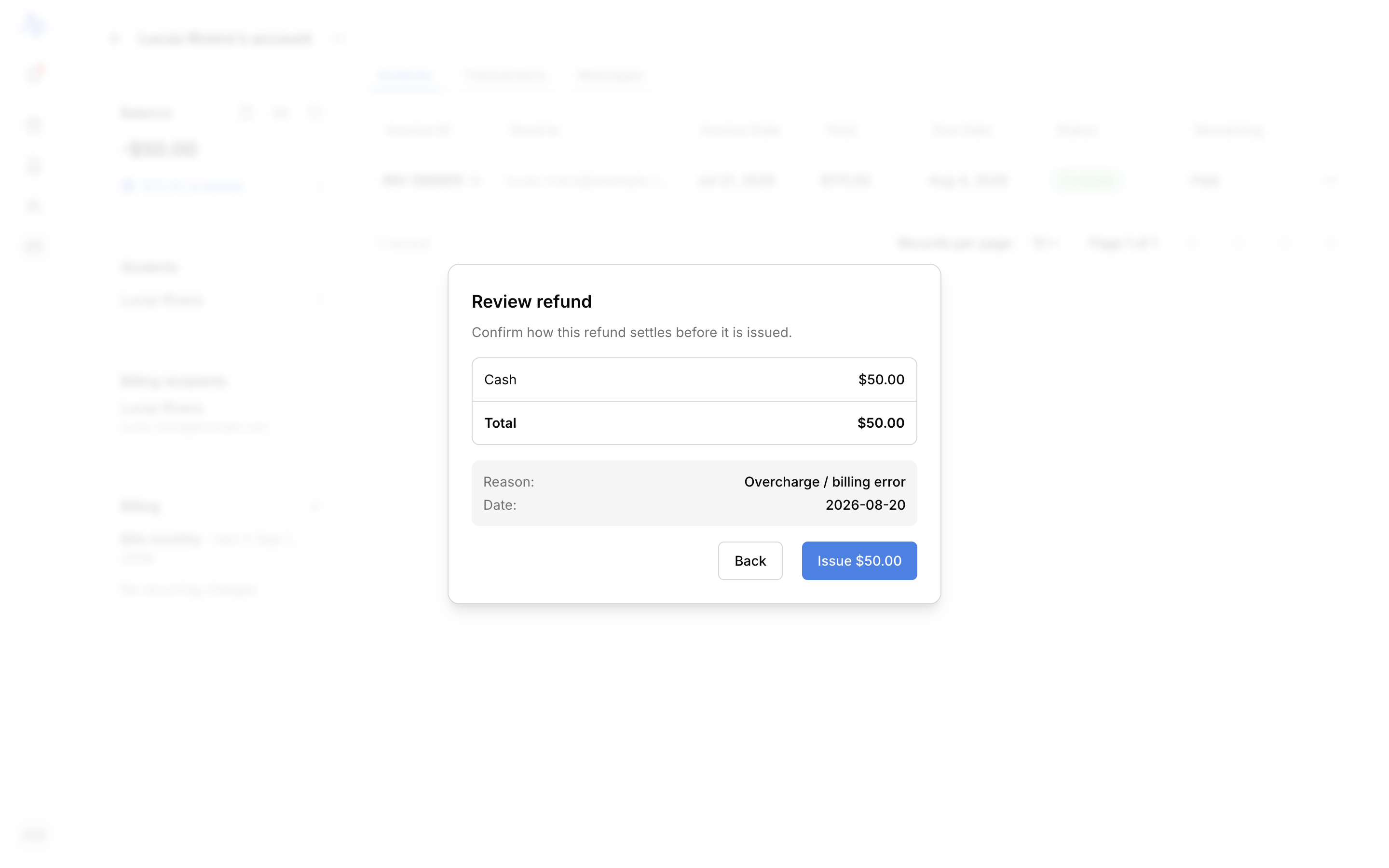 The refund review step with the settlement breakdown, one combined cash line and a card line carrying the Pending badge, plus the reason/date summary and the 'Issue $X' confirm button