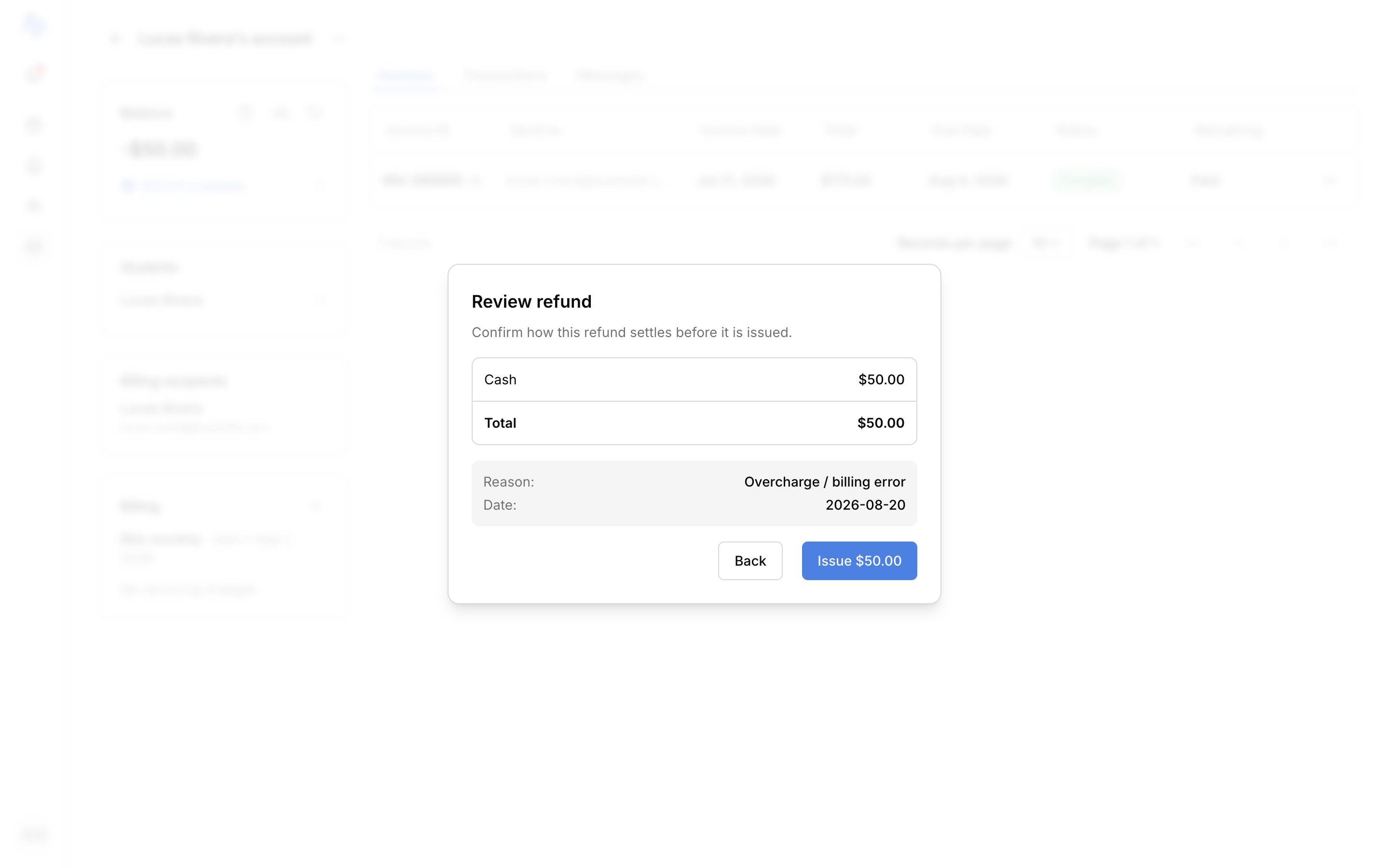 The refund review step with the settlement breakdown, one combined cash line and a card line carrying the Pending badge, plus the reason/date summary and the 'Issue $X' confirm button