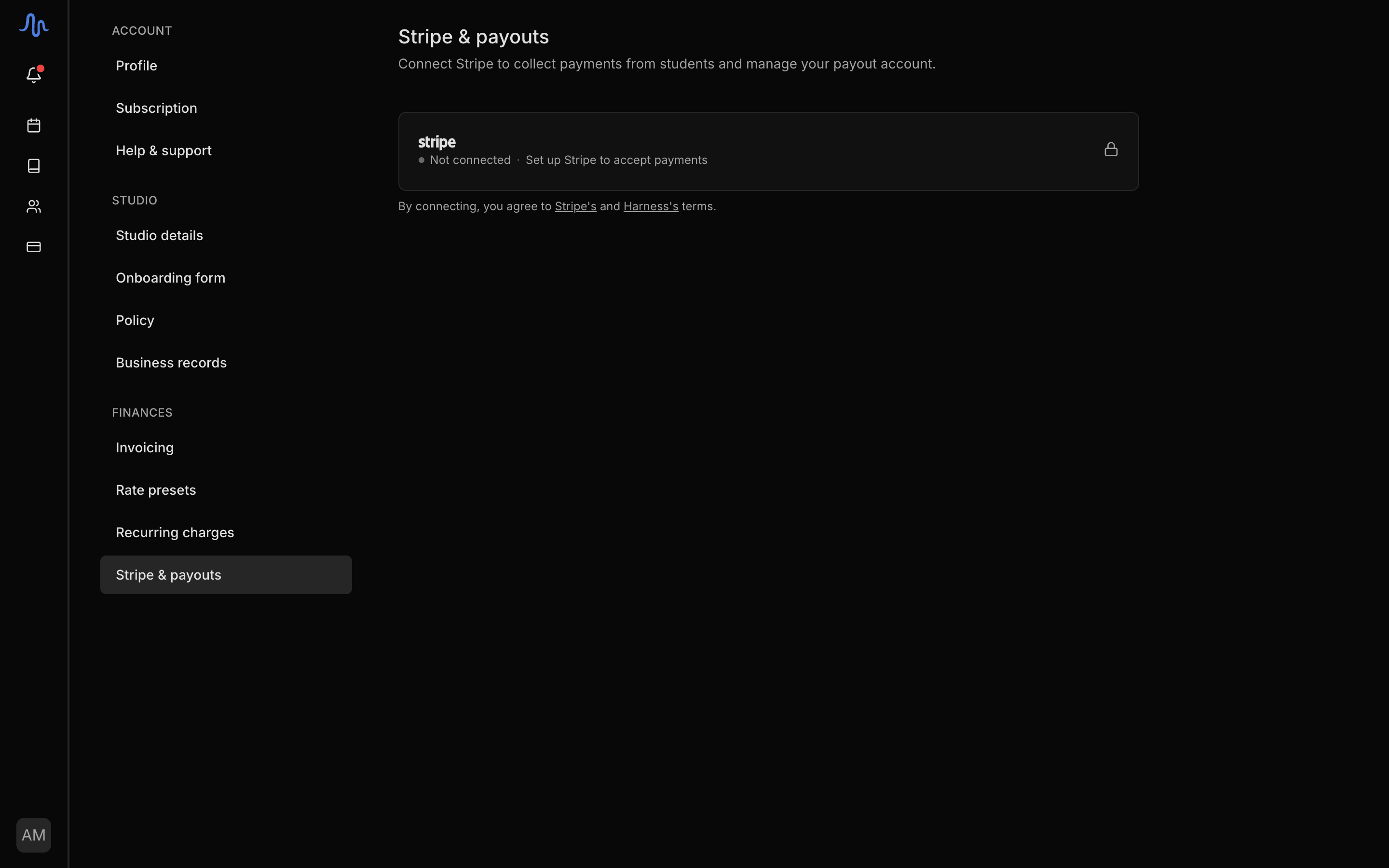 The Connect with Stripe action dimmed/locked on a Hobby studio, with the Professional feature lock over it