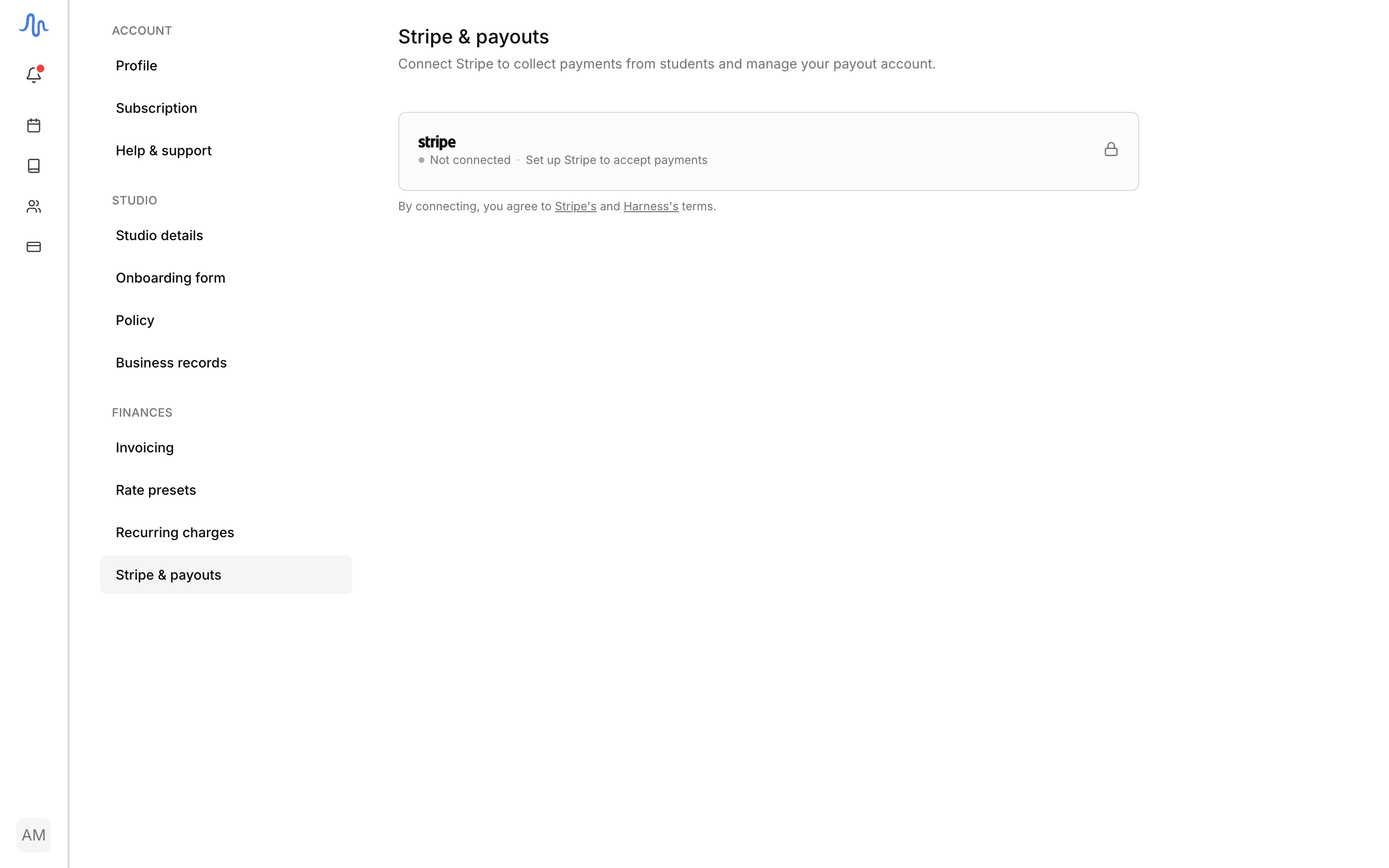 The Connect with Stripe action dimmed/locked on a Hobby studio, with the Professional feature lock over it