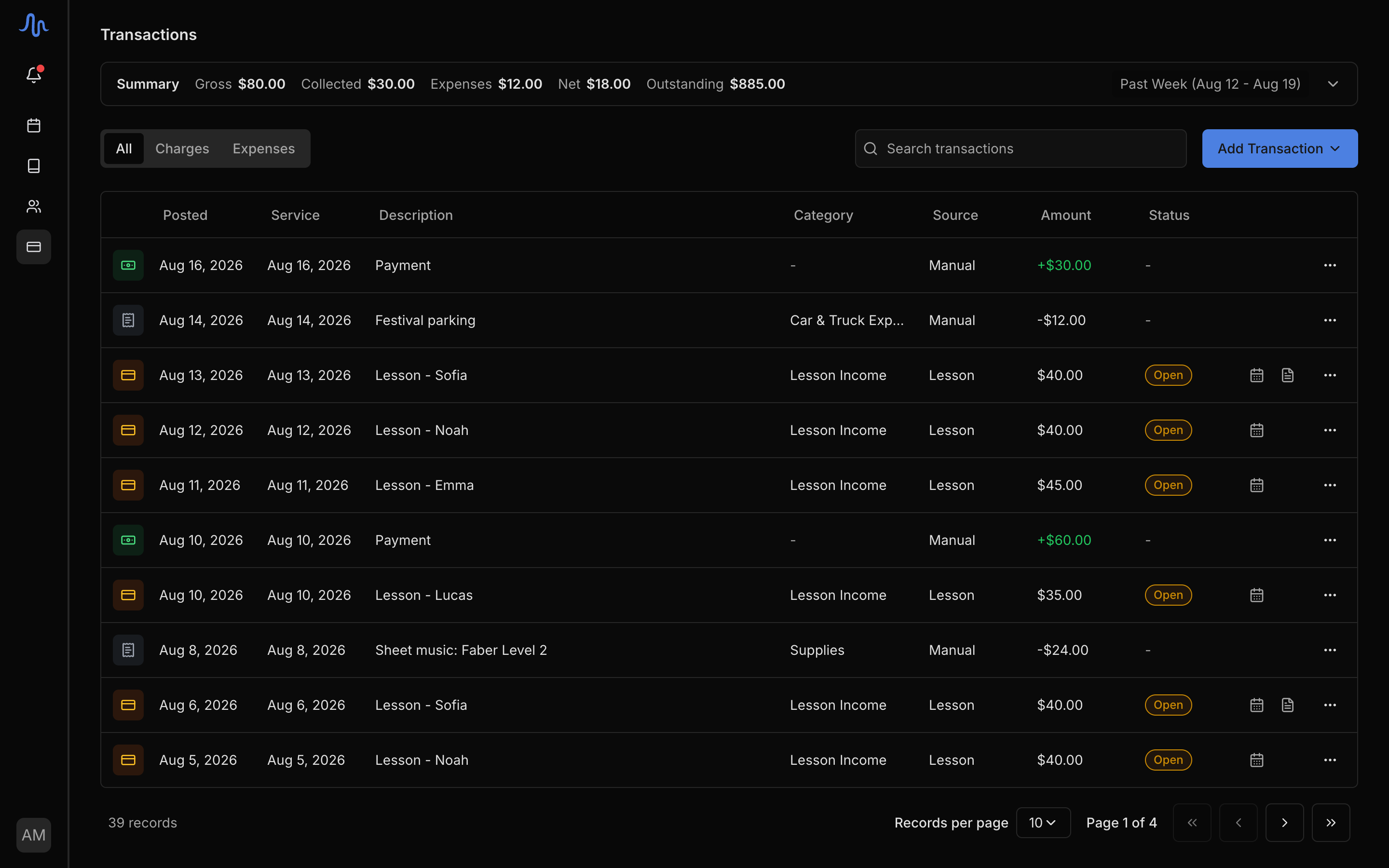 Finances → Transactions with the Summary bar expanded (Gross Revenue / Collected Revenue / Total Expenses / Net Profit / Outstanding) and the list below showing a mix of types (Charge, Payment, Expense), the All / Charges / Expenses tabs, and the Add Transaction button