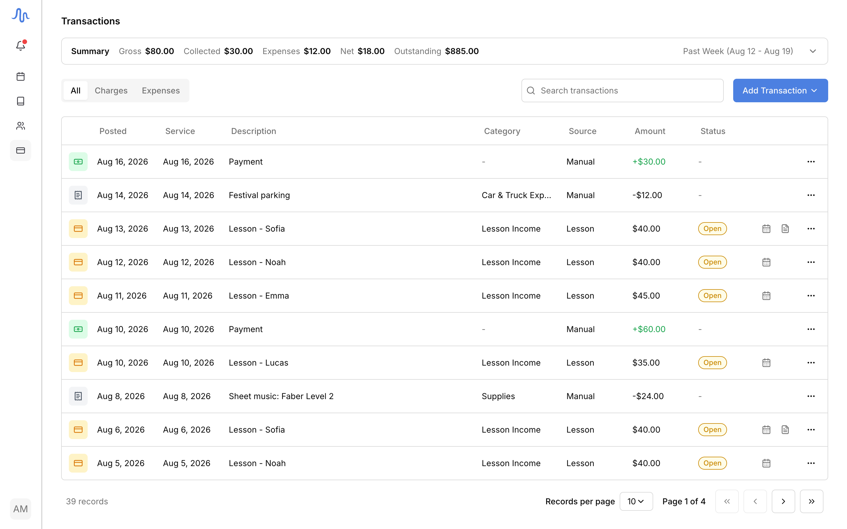 Finances → Transactions with the Summary bar expanded (Gross Revenue / Collected Revenue / Total Expenses / Net Profit / Outstanding) and the list below showing a mix of types (Charge, Payment, Expense), the All / Charges / Expenses tabs, and the Add Transaction button