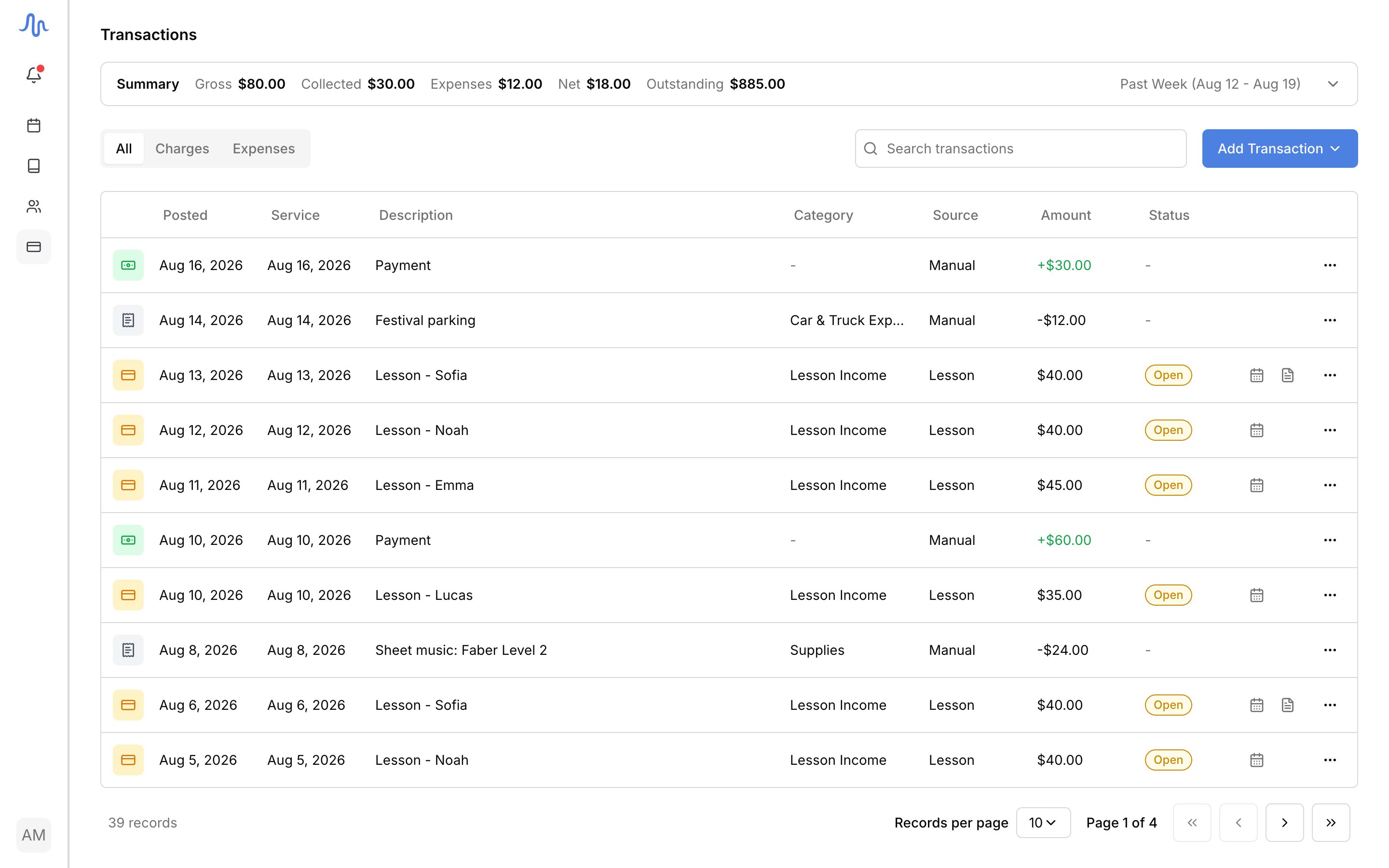 Finances → Transactions with the Summary bar expanded (Gross Revenue / Collected Revenue / Total Expenses / Net Profit / Outstanding) and the list below showing a mix of types (Charge, Payment, Expense), the All / Charges / Expenses tabs, and the Add Transaction button