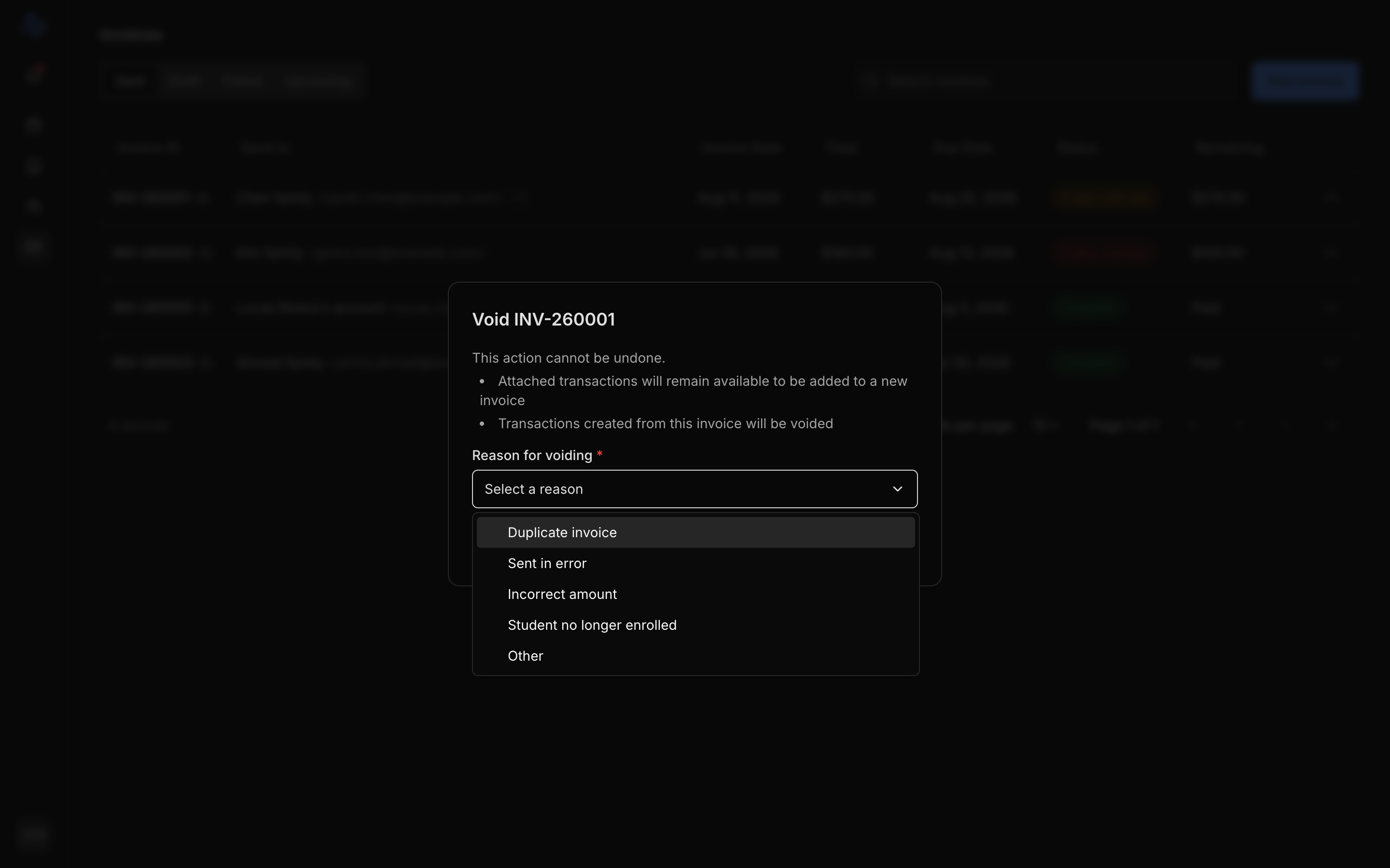 The Void invoice dialog with the reason dropdown open (Duplicate invoice / Sent in error / Incorrect amount / Student no longer enrolled / Other) and the amber 'received payments' warning visible