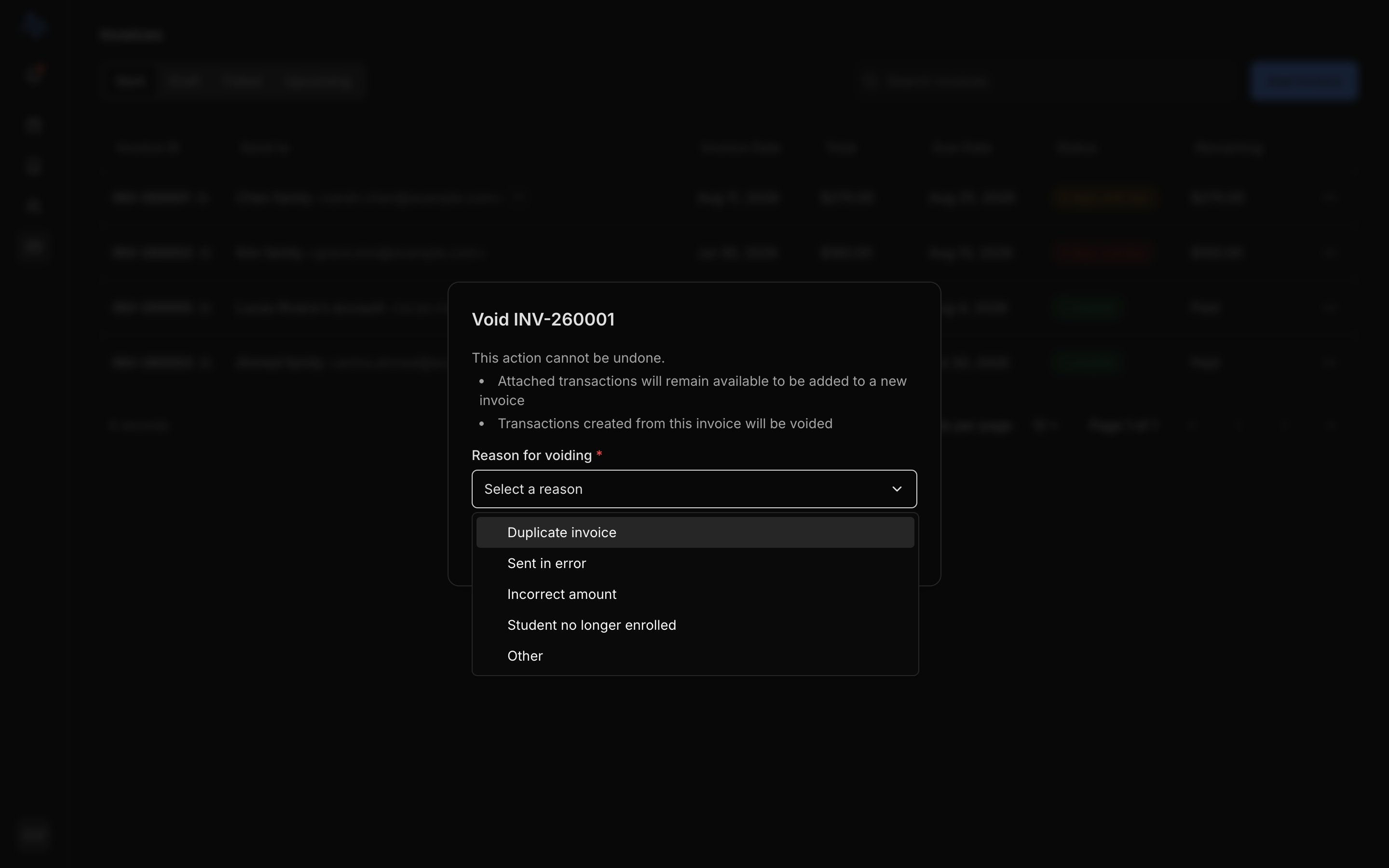 The Void invoice dialog with the reason dropdown open (Duplicate invoice / Sent in error / Incorrect amount / Student no longer enrolled / Other) and the amber 'received payments' warning visible