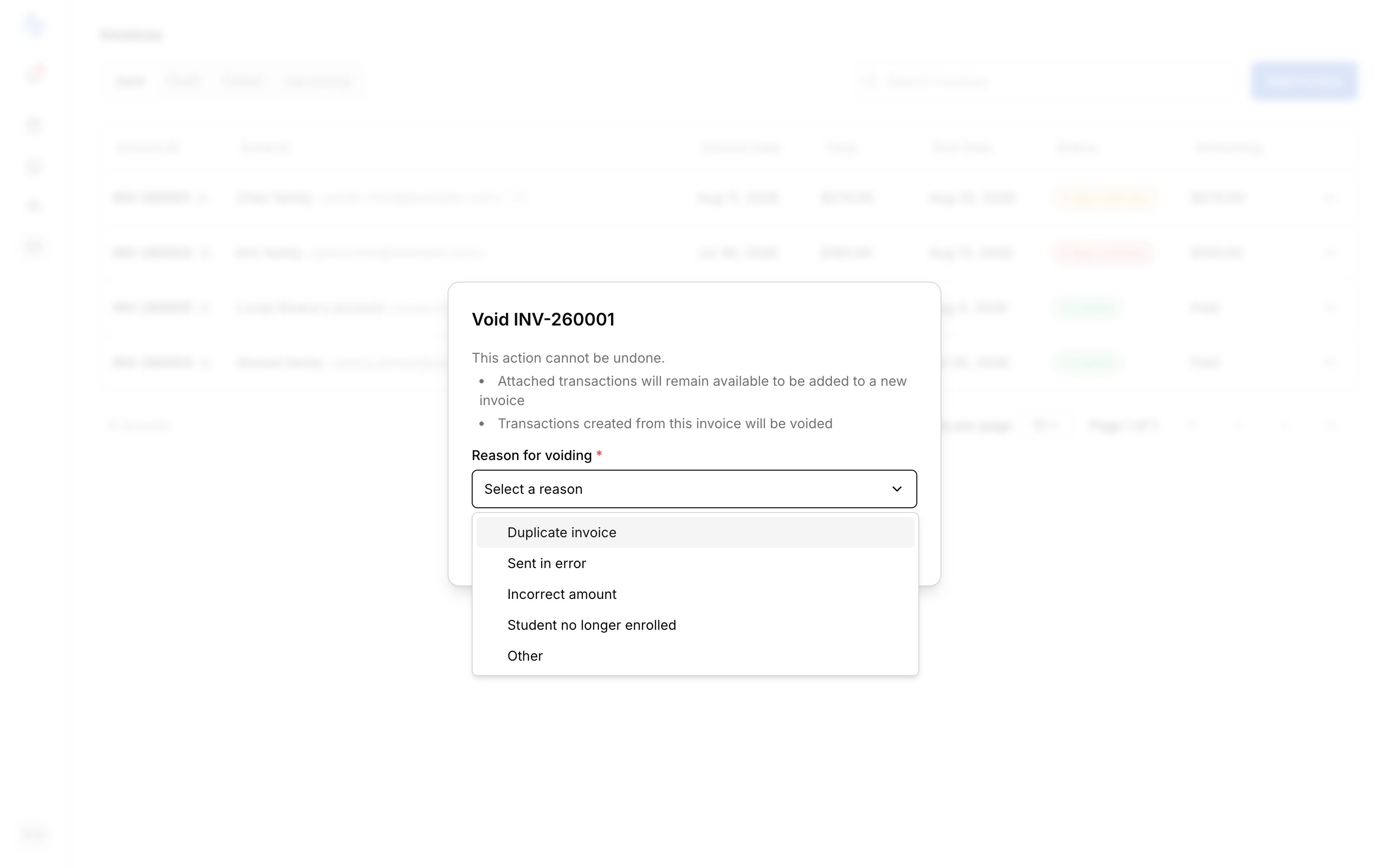 The Void invoice dialog with the reason dropdown open (Duplicate invoice / Sent in error / Incorrect amount / Student no longer enrolled / Other) and the amber 'received payments' warning visible