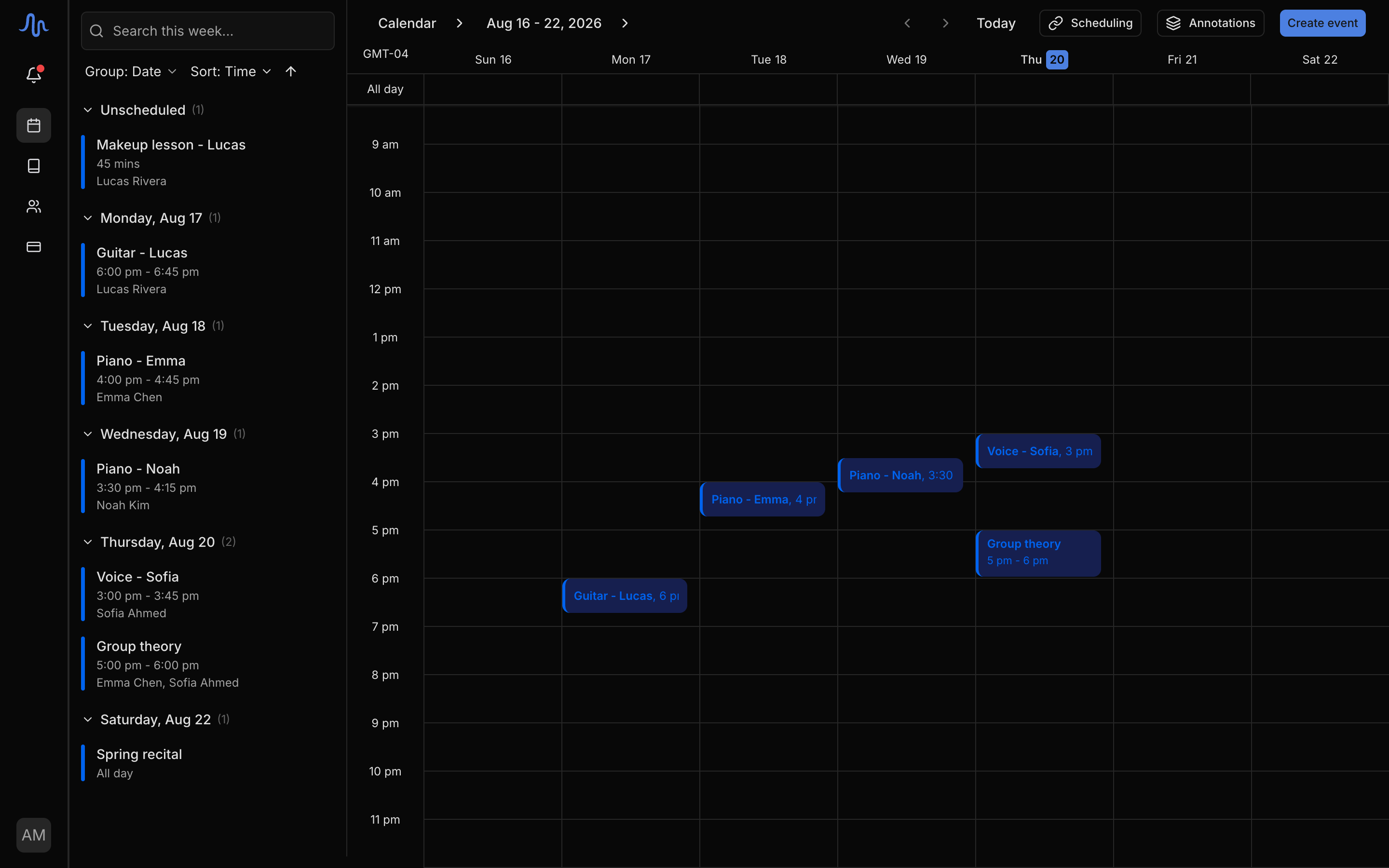 The full week view with the agenda on the left, two or three timed events on the grid, one all-day banner in the strip, and one unscheduled item in the agenda