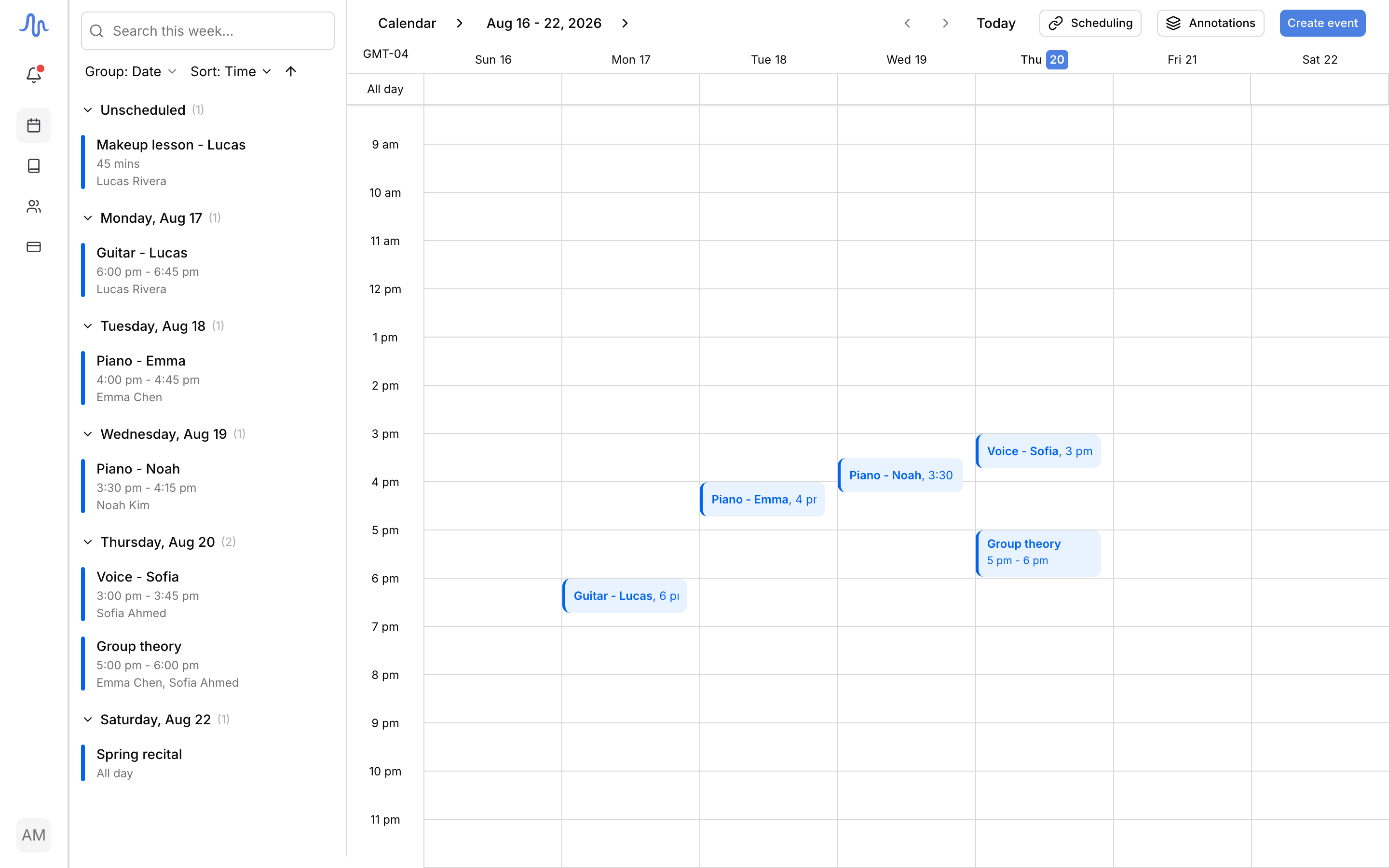 The full week view with the agenda on the left, two or three timed events on the grid, one all-day banner in the strip, and one unscheduled item in the agenda