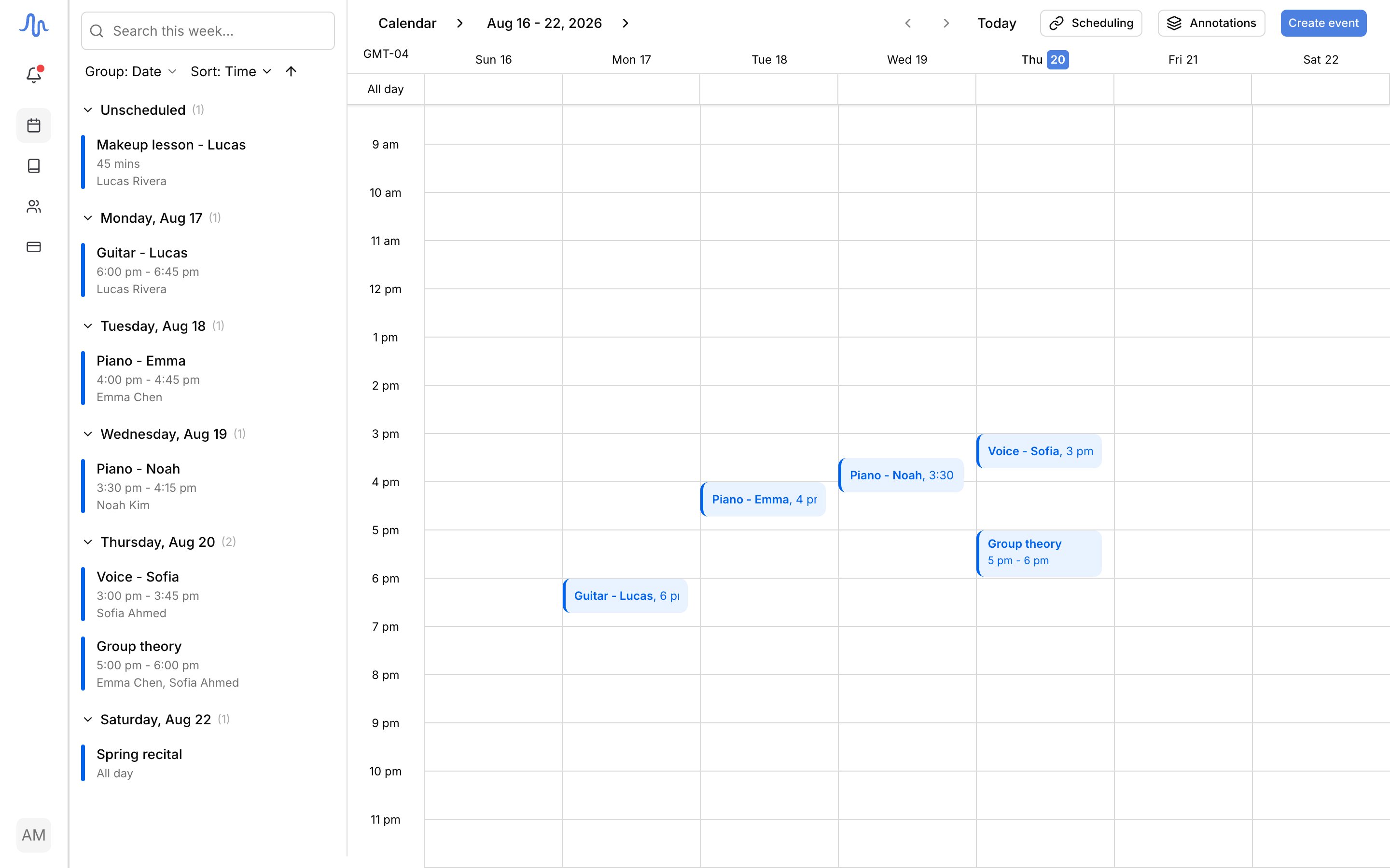 The full week view with the agenda on the left, two or three timed events on the grid, one all-day banner in the strip, and one unscheduled item in the agenda
