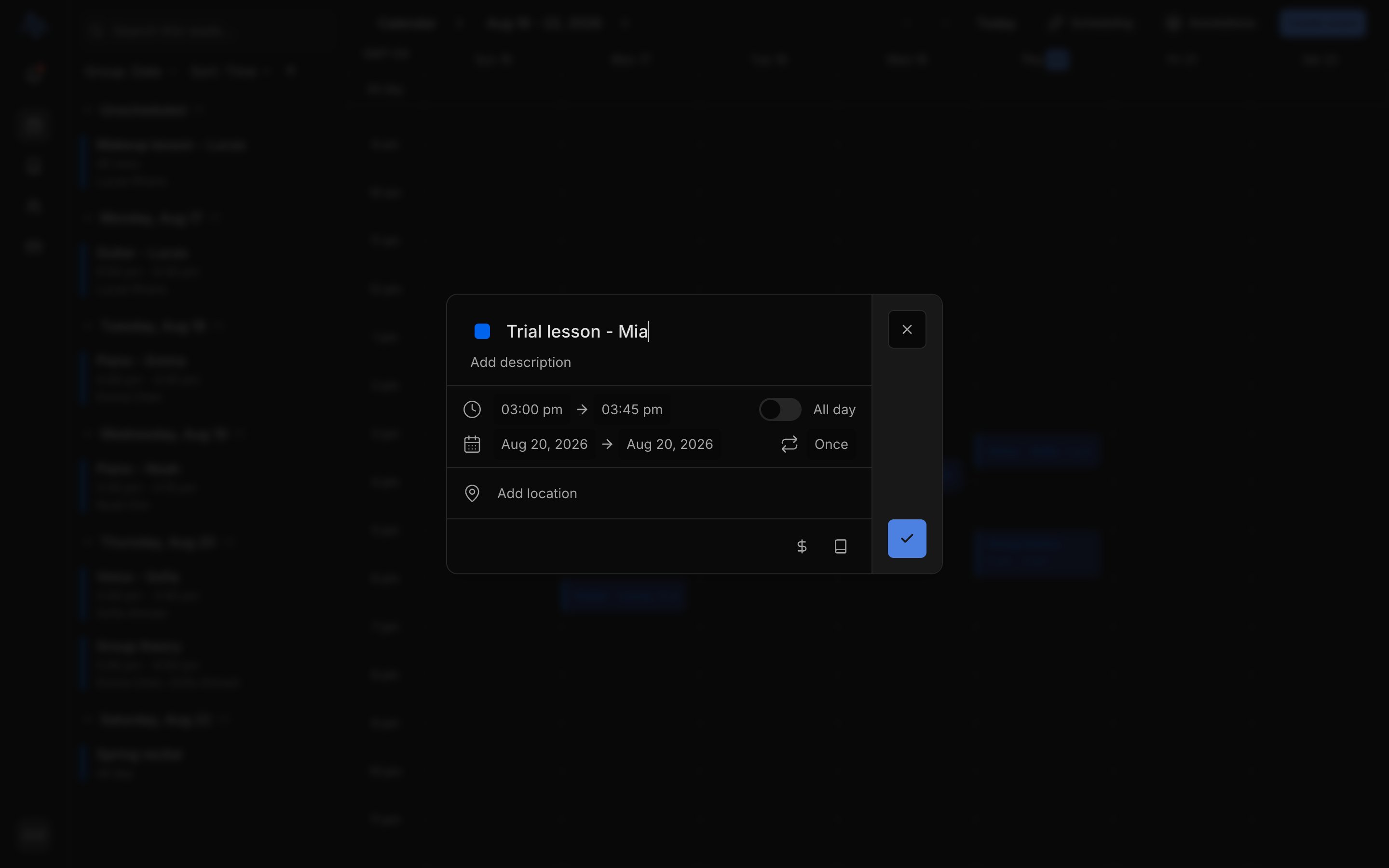 The new-event modal with a title filled in, start/end time pickers, the color dot, and the All day / Repeat / Payment / Lesson controls visible