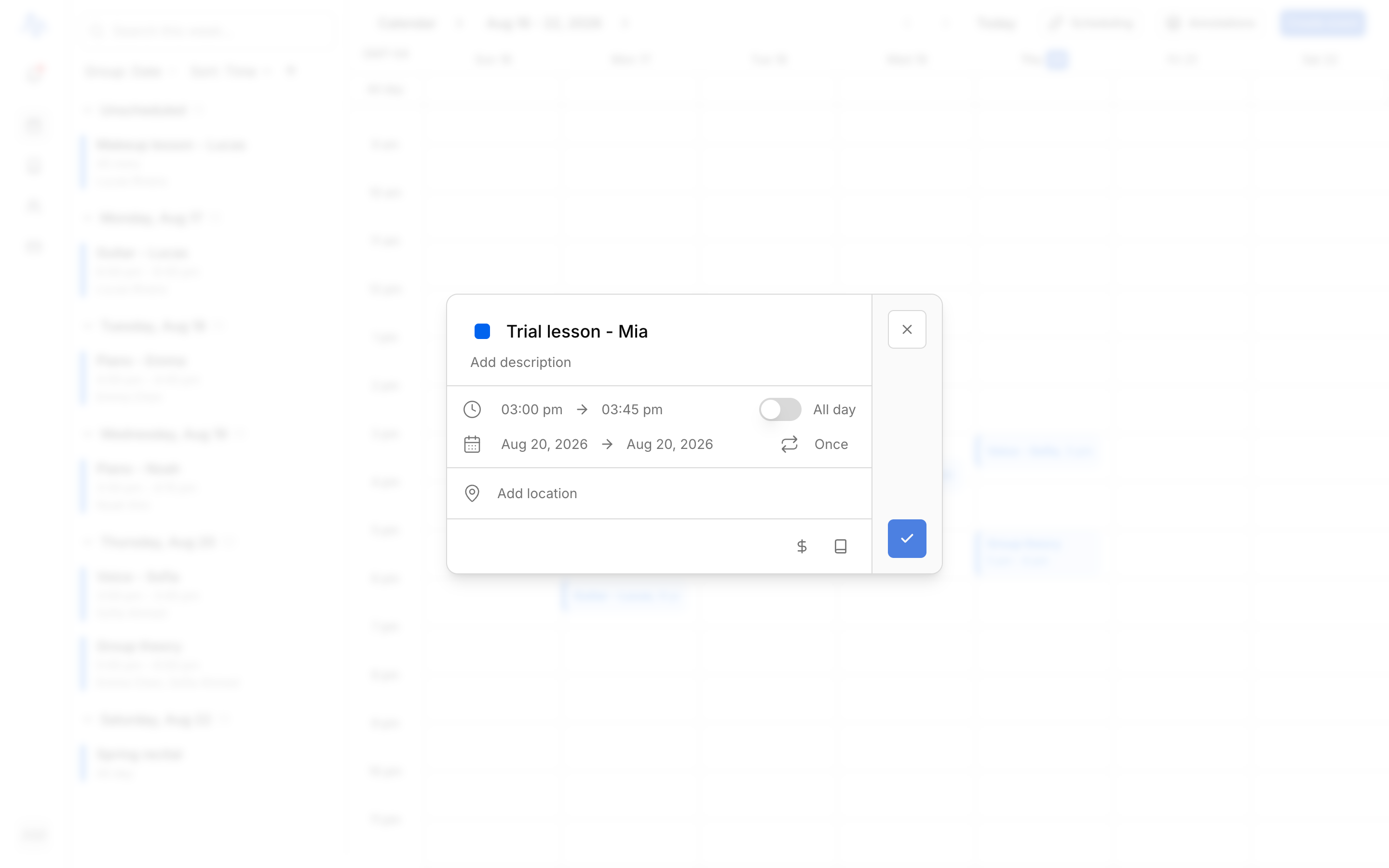 The new-event modal with a title filled in, start/end time pickers, the color dot, and the All day / Repeat / Payment / Lesson controls visible