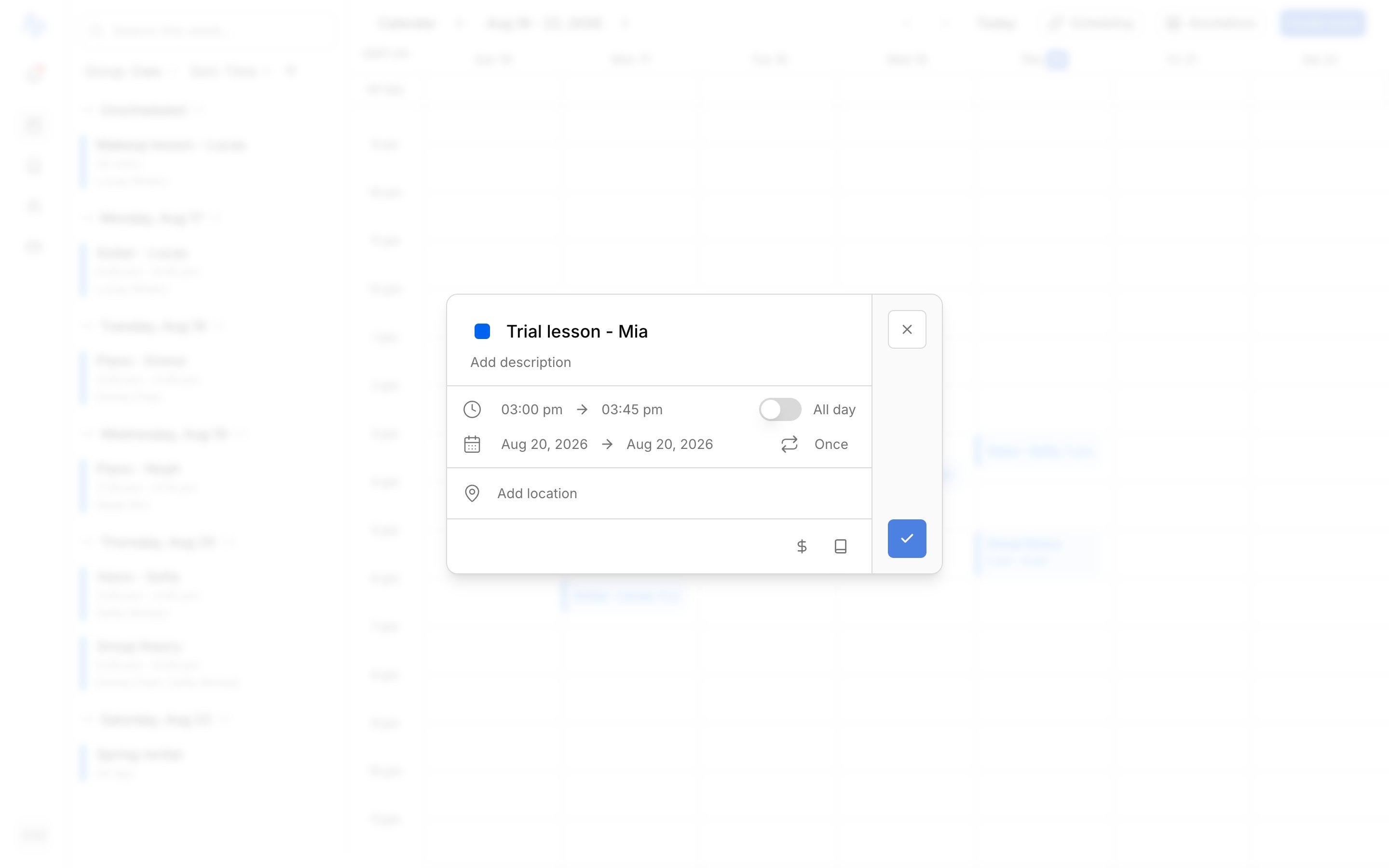 The new-event modal with a title filled in, start/end time pickers, the color dot, and the All day / Repeat / Payment / Lesson controls visible