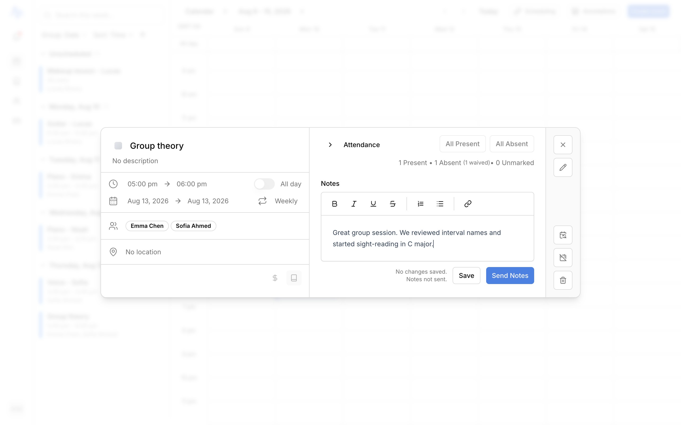 A saved lesson with the attendance panel, Present/Absent for two students, and the Notes editor with Save and Send Notes buttons below