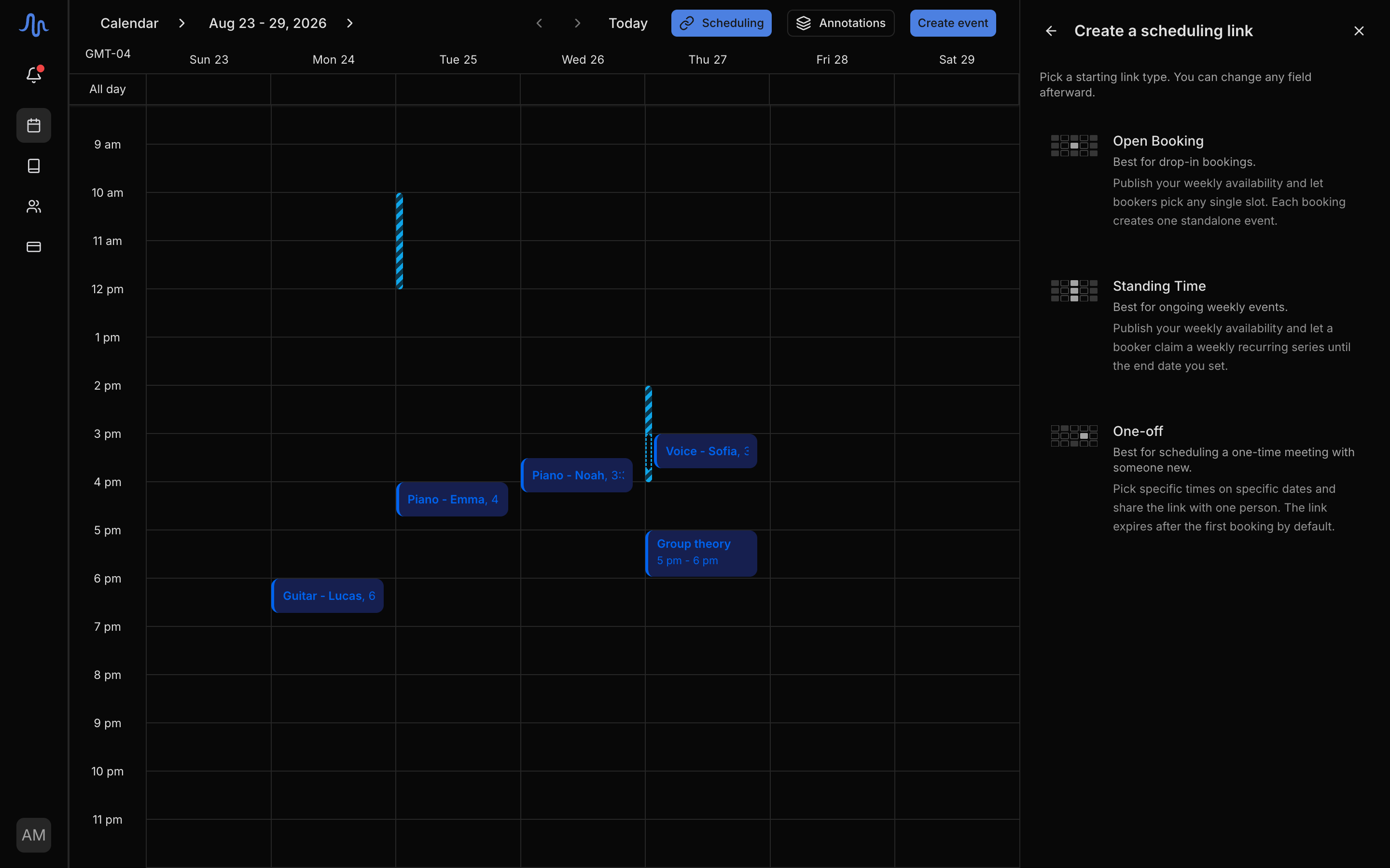 The 'Create a scheduling link' picker with the three cards, Open Booking, Standing Time, One-off, each with its tagline