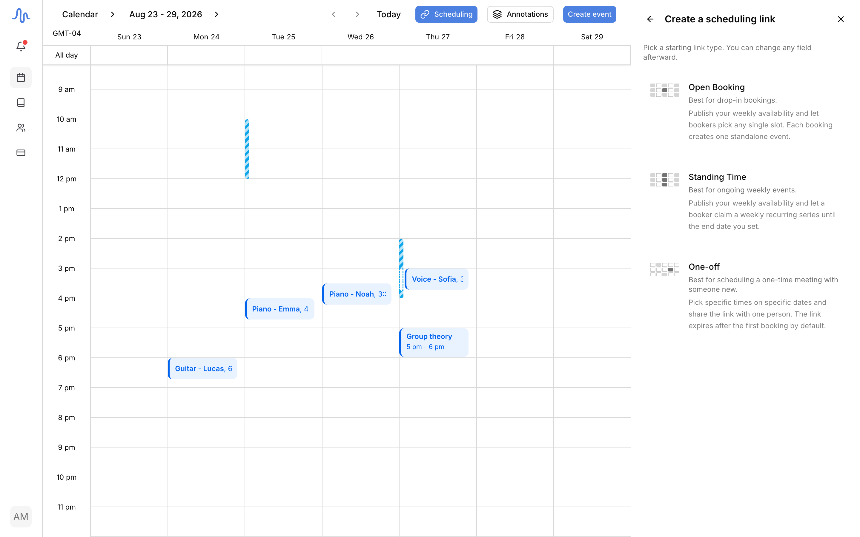 The 'Create a scheduling link' picker with the three cards, Open Booking, Standing Time, One-off, each with its tagline