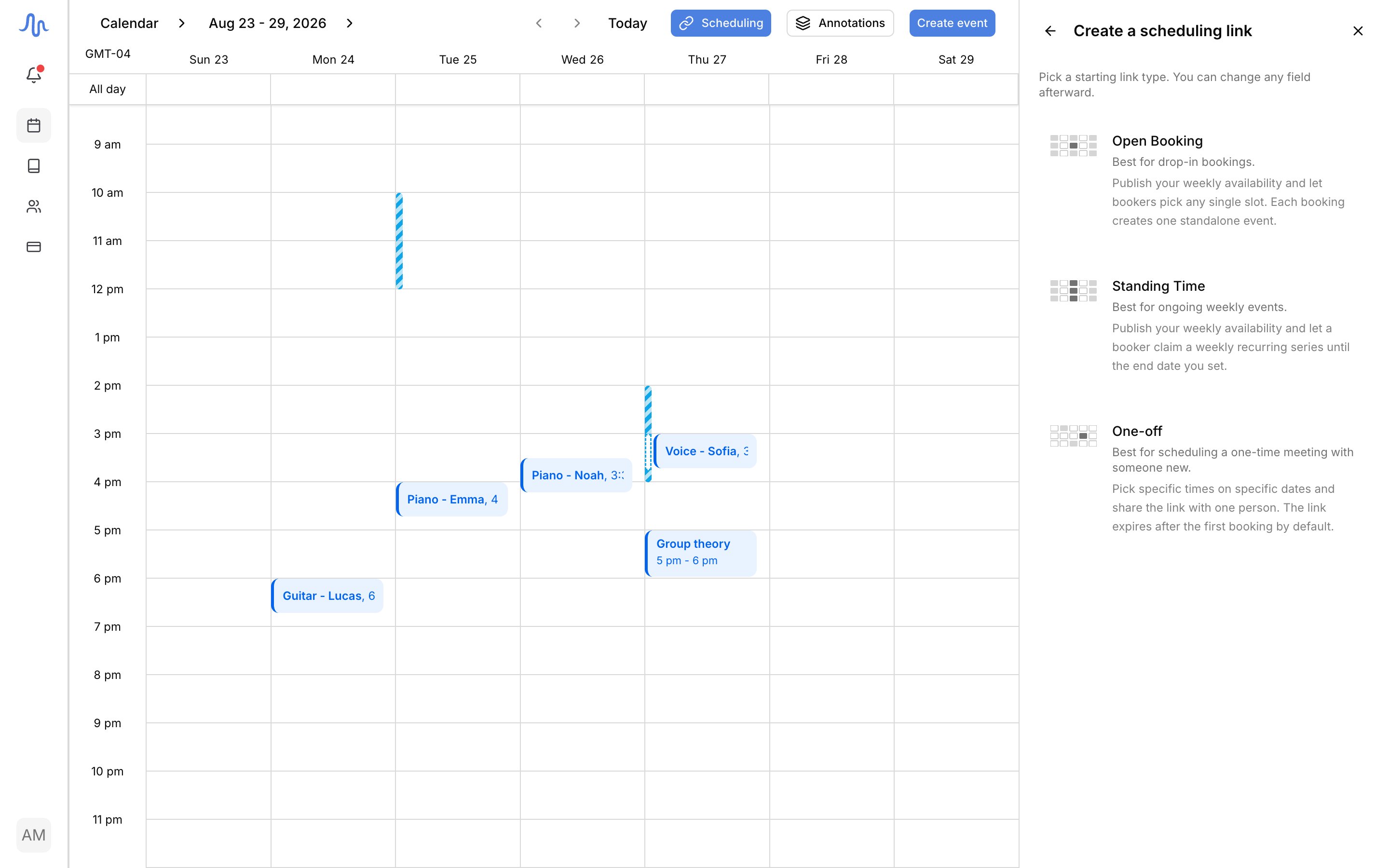 The 'Create a scheduling link' picker with the three cards, Open Booking, Standing Time, One-off, each with its tagline