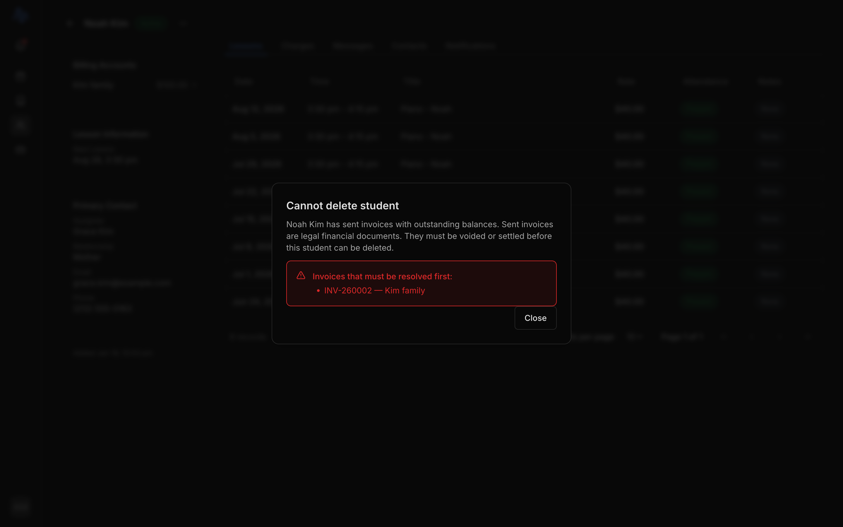 The Delete student dialog in its blocked state. Header reads 'Cannot delete student'; body lists the sent invoices with outstanding balances (each with its account name and any 'shared with N other students' note) under 'Invoices that must be resolved first'; only a Close button is shown