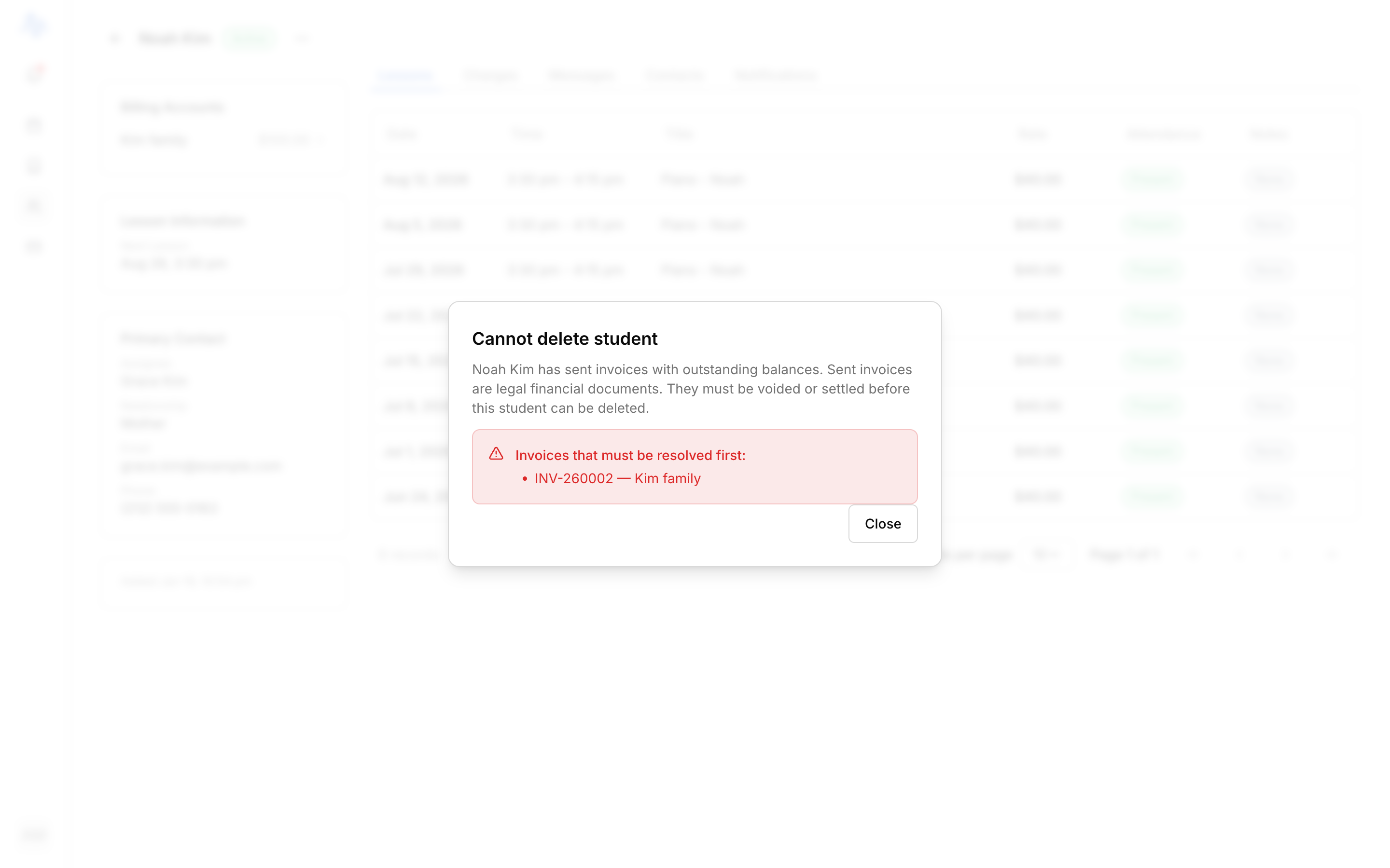 The Delete student dialog in its blocked state. Header reads 'Cannot delete student'; body lists the sent invoices with outstanding balances (each with its account name and any 'shared with N other students' note) under 'Invoices that must be resolved first'; only a Close button is shown