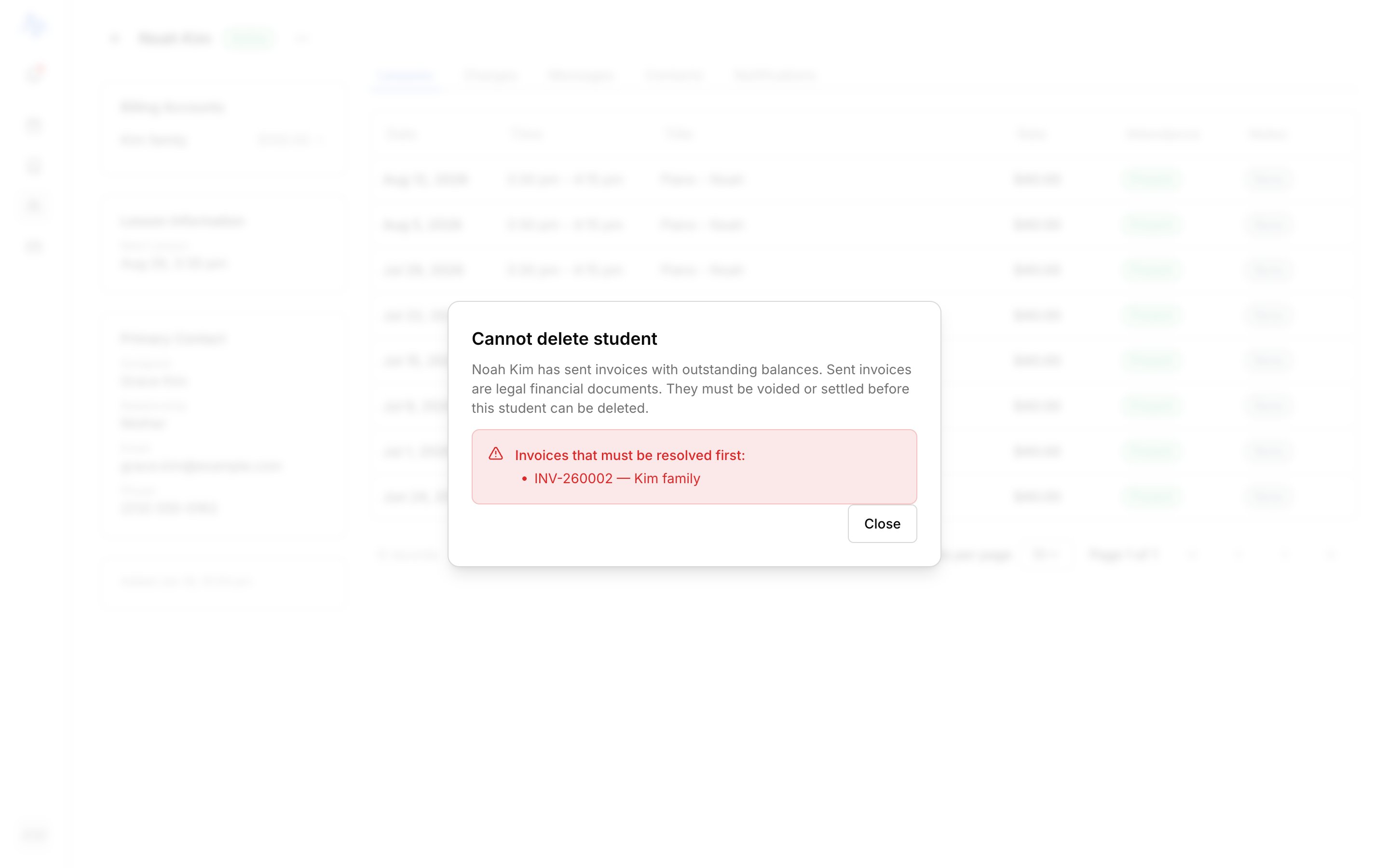 The Delete student dialog in its blocked state. Header reads 'Cannot delete student'; body lists the sent invoices with outstanding balances (each with its account name and any 'shared with N other students' note) under 'Invoices that must be resolved first'; only a Close button is shown