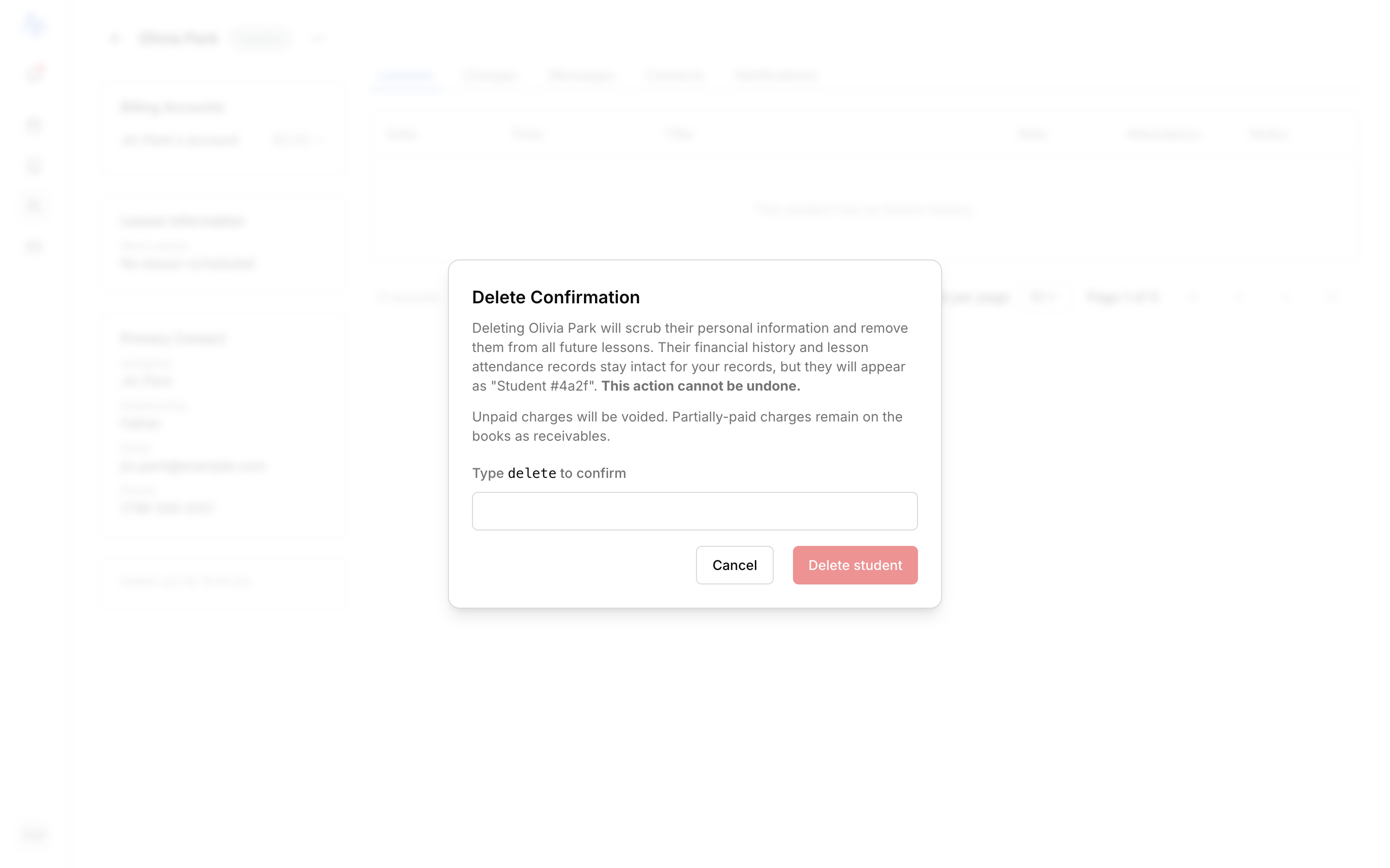 The Delete student dialog in its allowed state, the consequences text ('Unpaid charges will be voided. Partially-paid charges remain on the books as receivables.'), the 'Type delete to confirm' input, and the enabled Delete student button