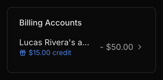 The student profile 'Billing accounts' sidebar card with one account link, the account balance on the right, and a 'credit' indicator (gift icon) under the account name