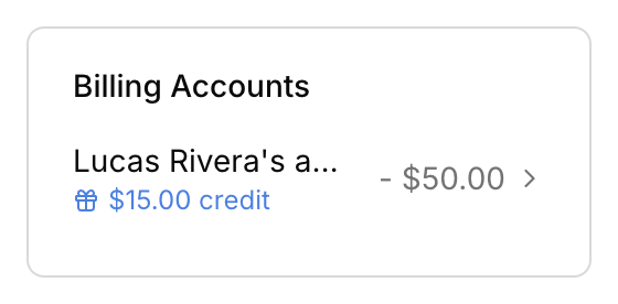 The student profile 'Billing accounts' sidebar card with one account link, the account balance on the right, and a 'credit' indicator (gift icon) under the account name