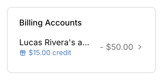 The student profile 'Billing accounts' sidebar card with one account link, the account balance on the right, and a 'credit' indicator (gift icon) under the account name