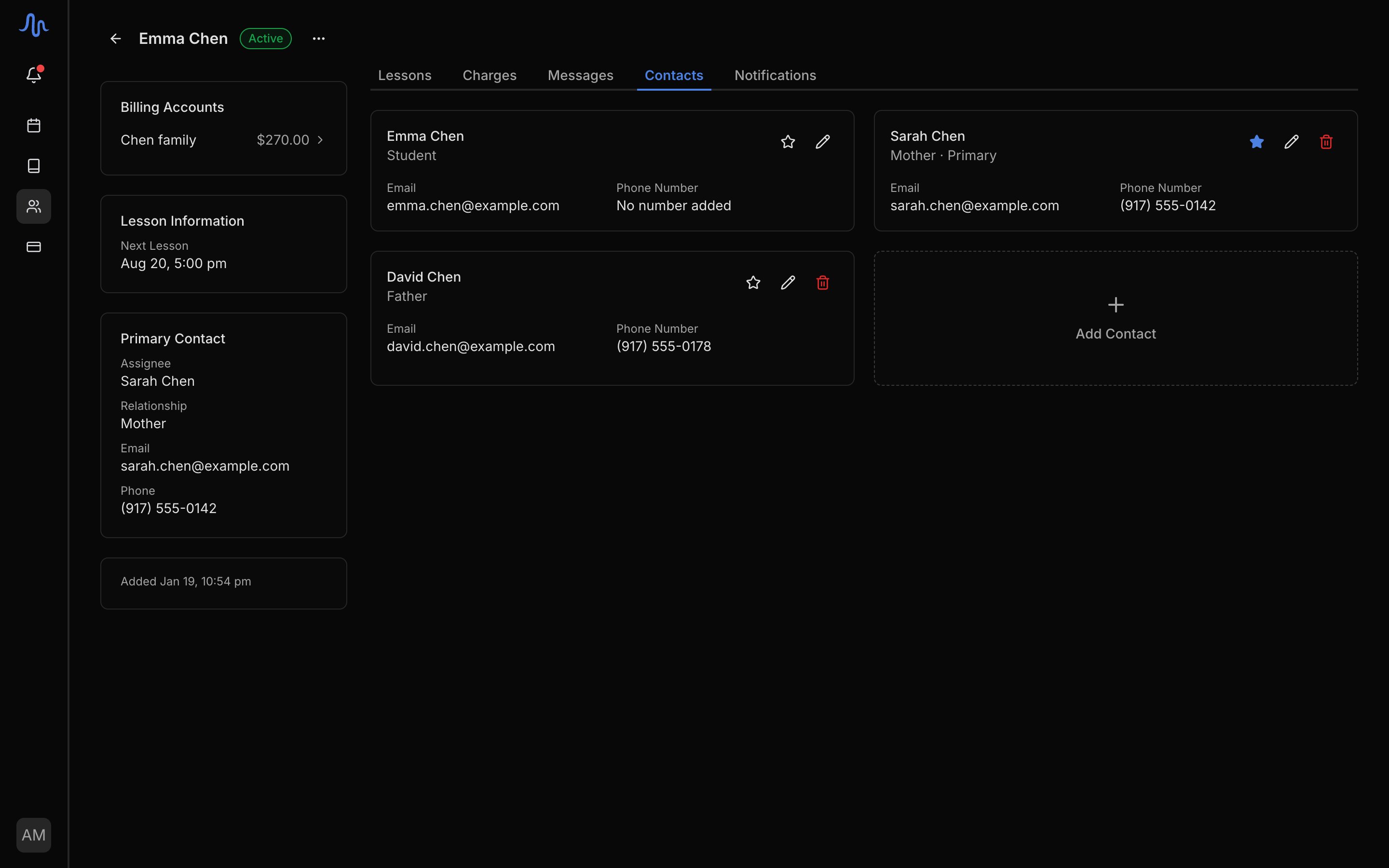 The Contacts tab with the student card first, one guardian (e.g. Mother) card, and the dashed Add contact button