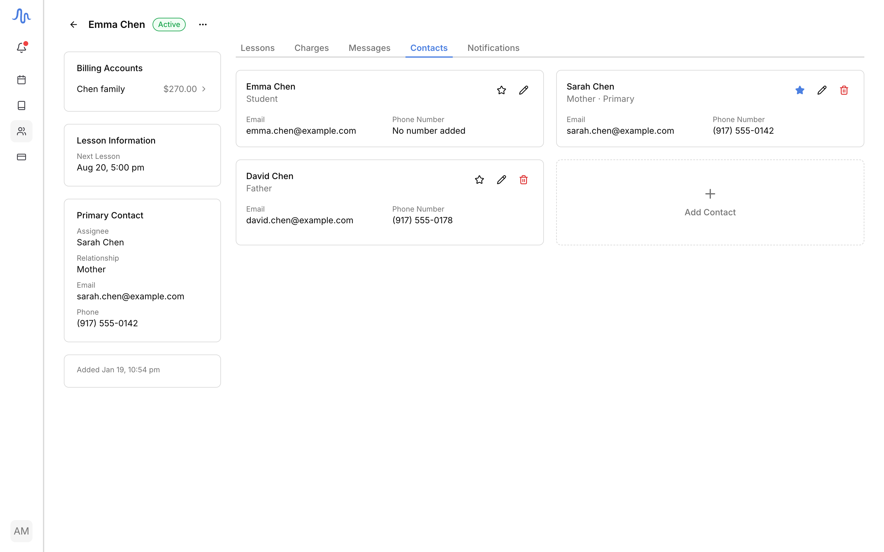 The Contacts tab with the student card first, one guardian (e.g. Mother) card, and the dashed Add contact button