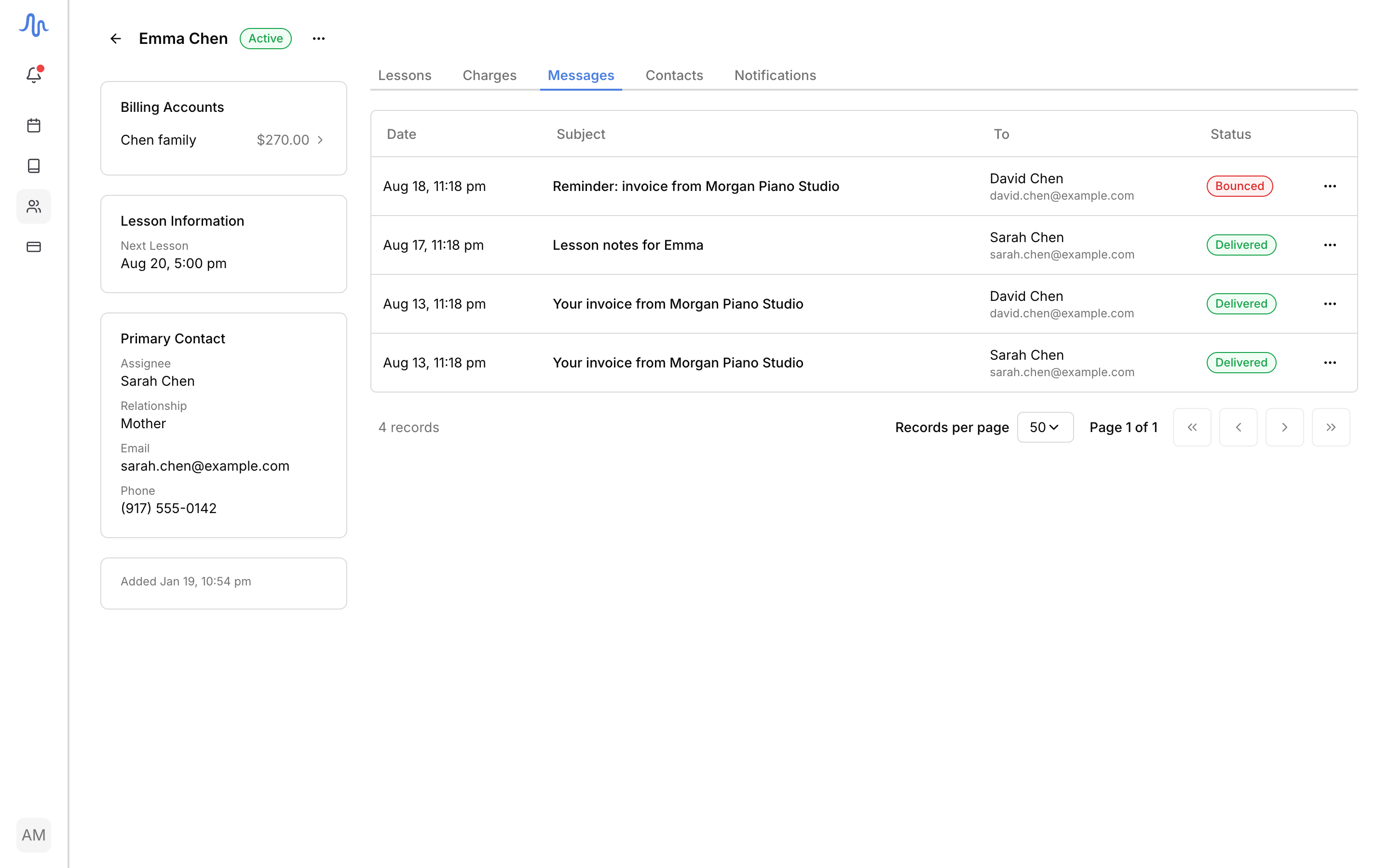 A student's Messages tab with a few rows (an invoice, lesson notes), the To column showing name over address, and a green Delivered pill plus one Bounced pill