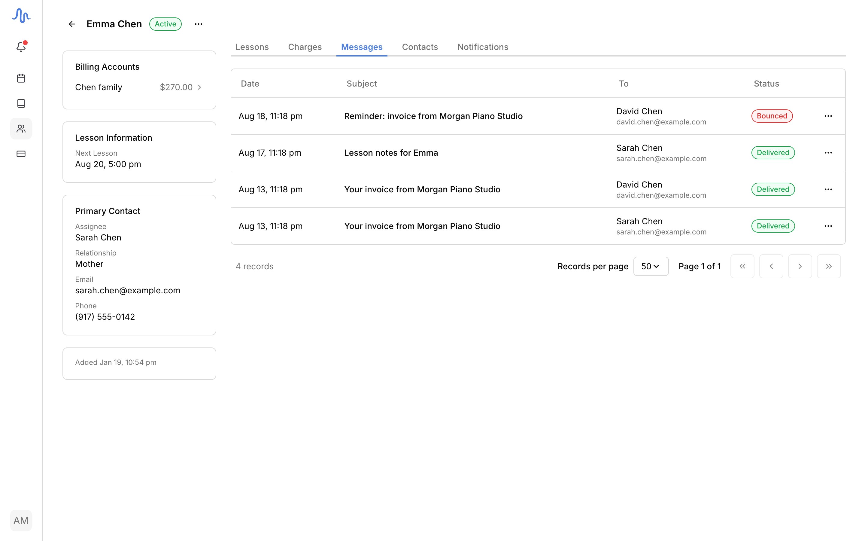 A student's Messages tab with a few rows (an invoice, lesson notes), the To column showing name over address, and a green Delivered pill plus one Bounced pill