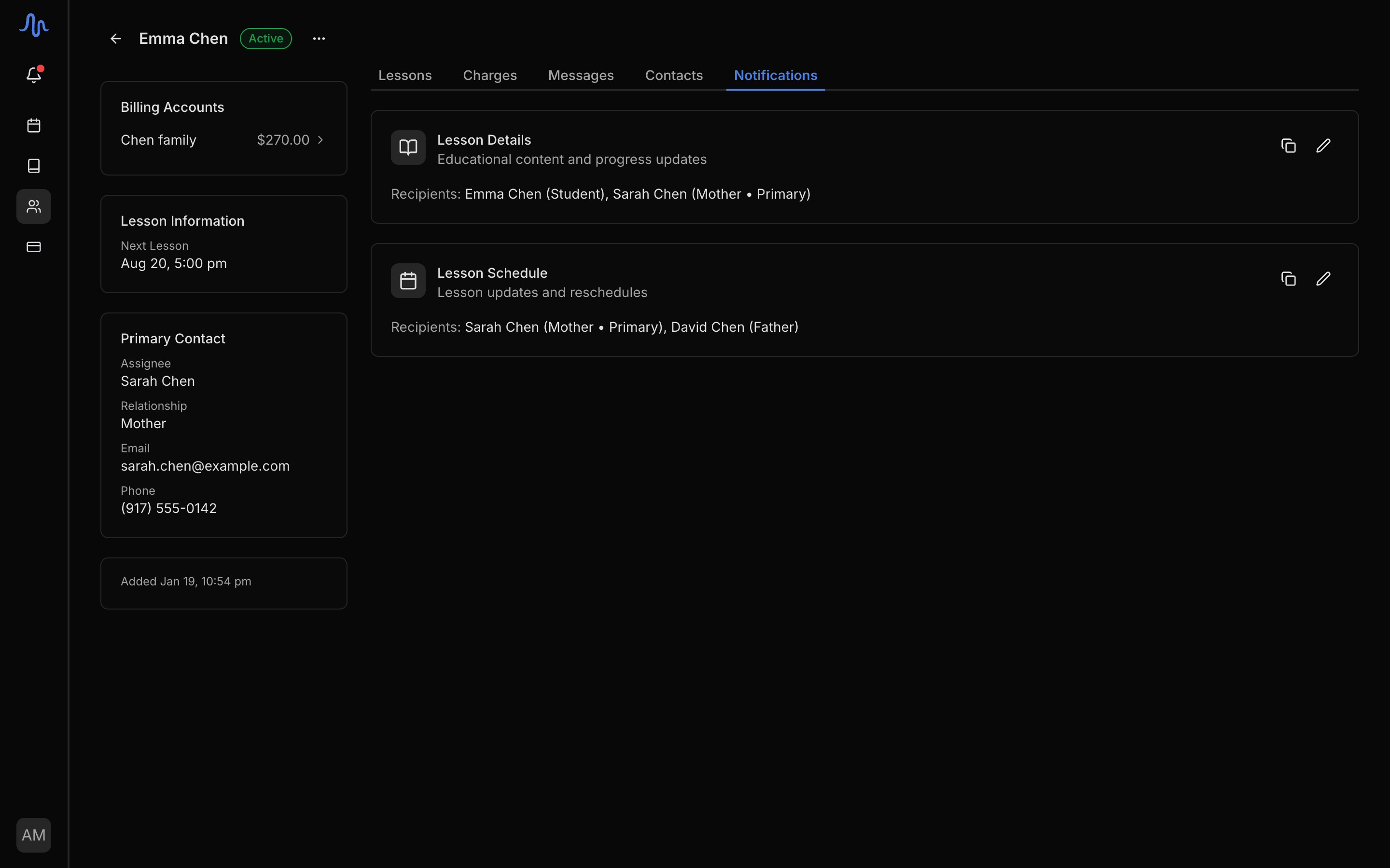 The Notifications tab with the Lesson details and Lesson schedule groups, each listing recipients, with the inline edit (pencil) and copy-emails actions