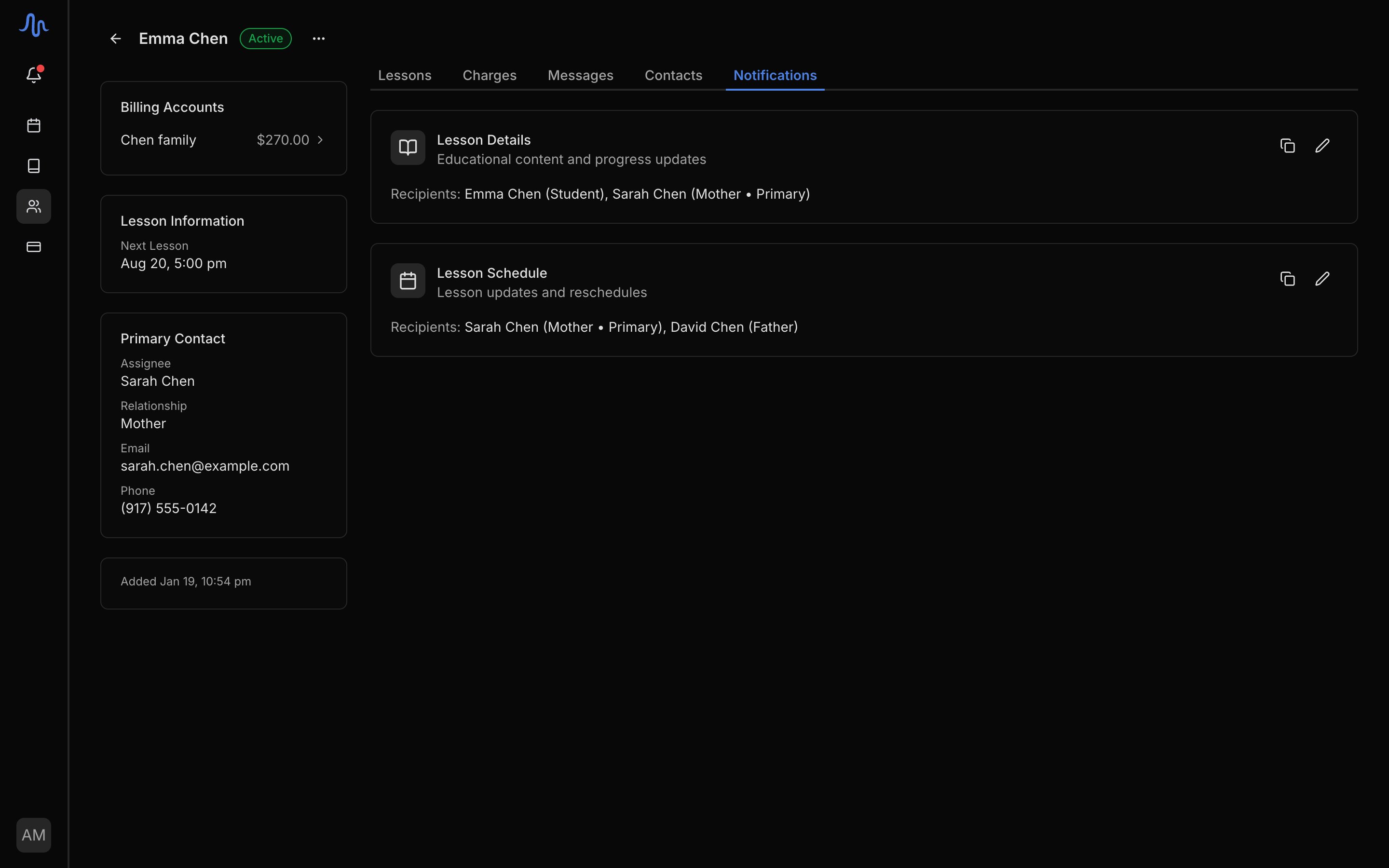 The Notifications tab with the Lesson details and Lesson schedule groups, each listing recipients, with the inline edit (pencil) and copy-emails actions