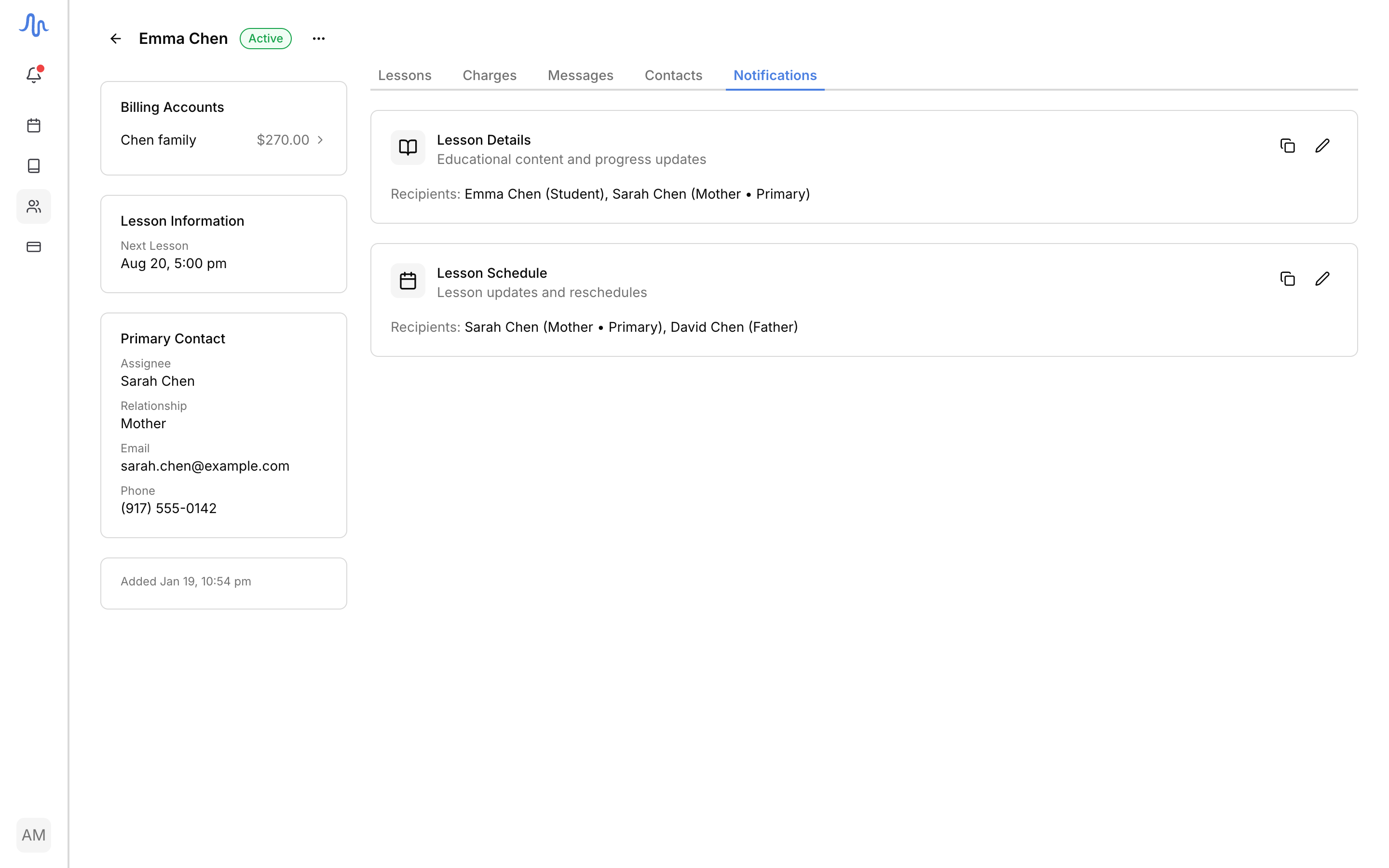 The Notifications tab with the Lesson details and Lesson schedule groups, each listing recipients, with the inline edit (pencil) and copy-emails actions