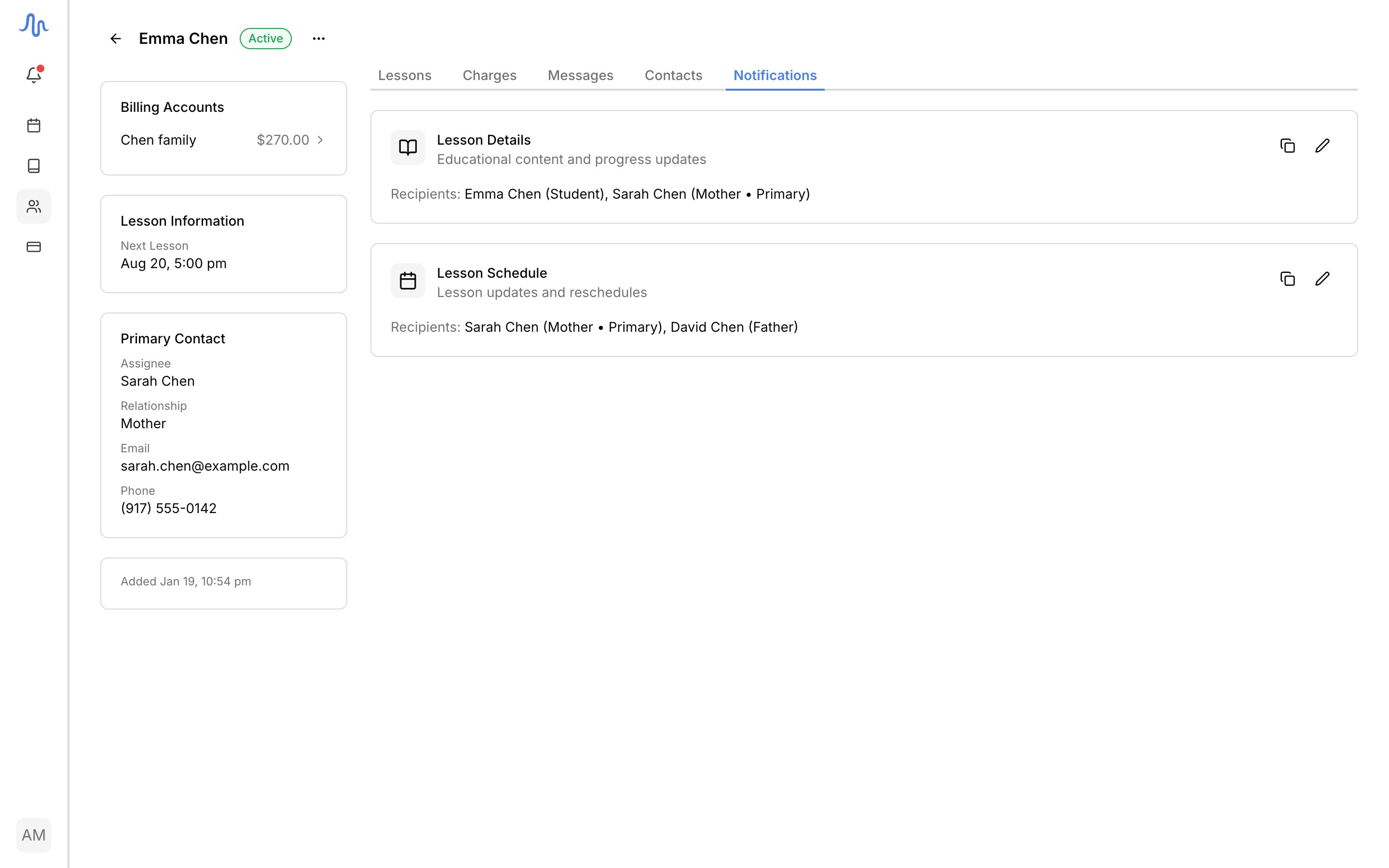 The Notifications tab with the Lesson details and Lesson schedule groups, each listing recipients, with the inline edit (pencil) and copy-emails actions