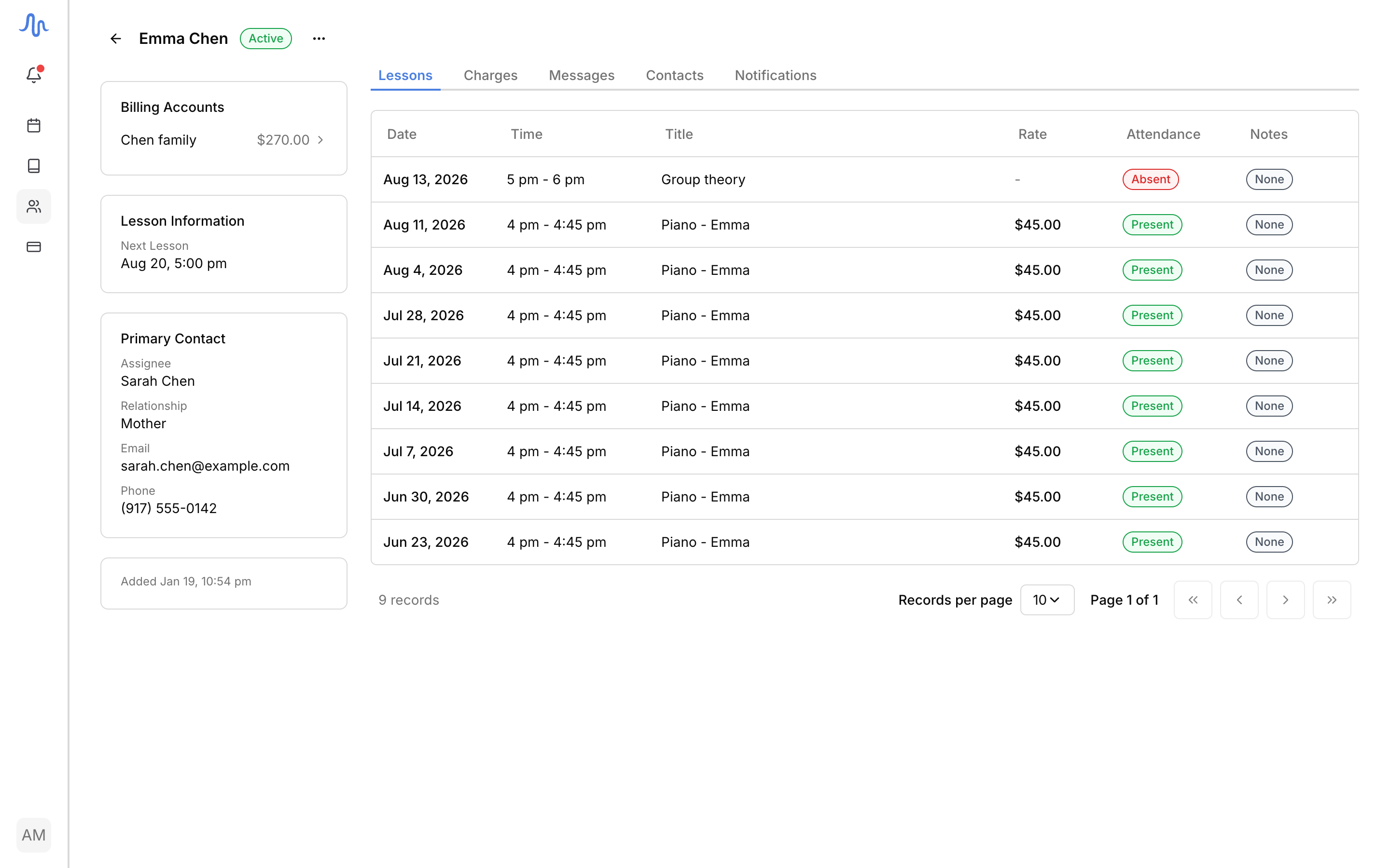 A student profile with the Billing accounts / Lesson information / Primary contact sidebar cards and the Lessons tab open